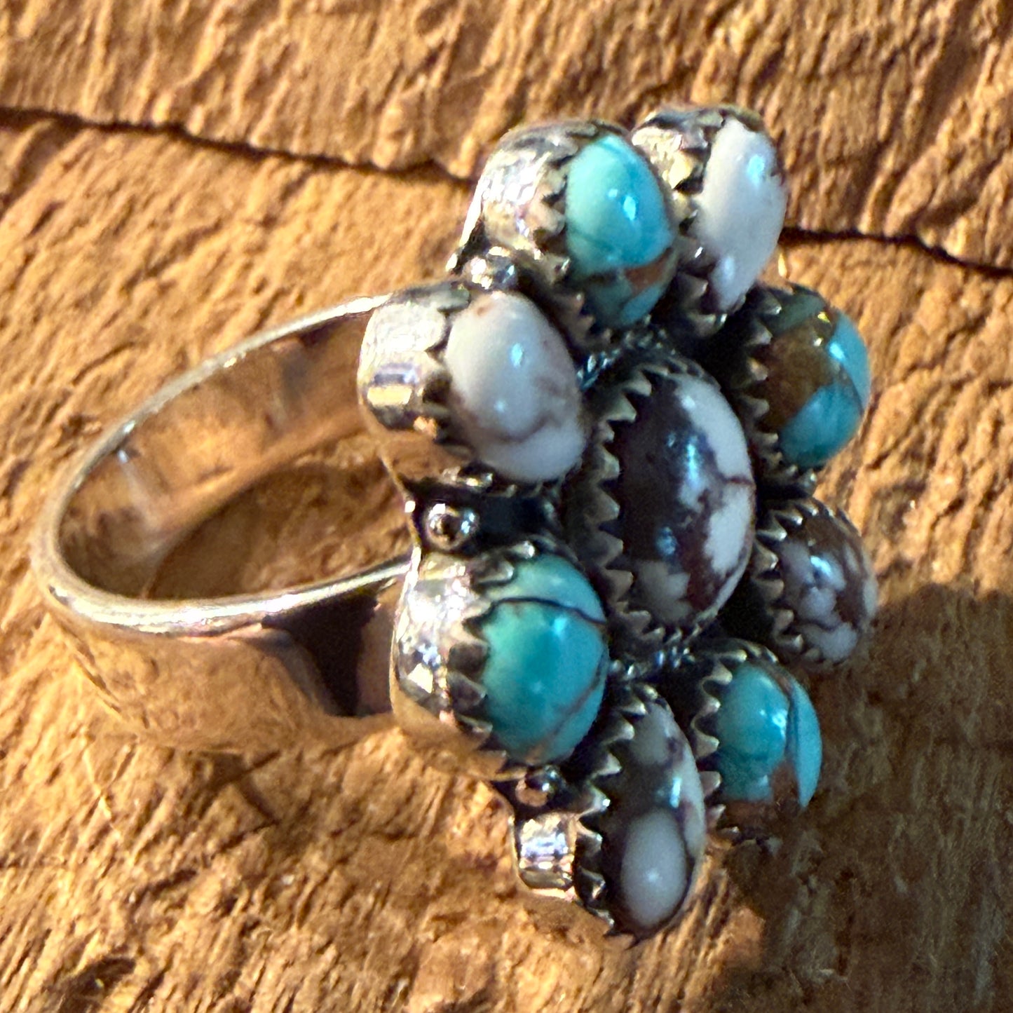 Wild Horse and Golden Hills Turquoise Cluster Ring Adjustable in Sterling Silver Wild West Boho