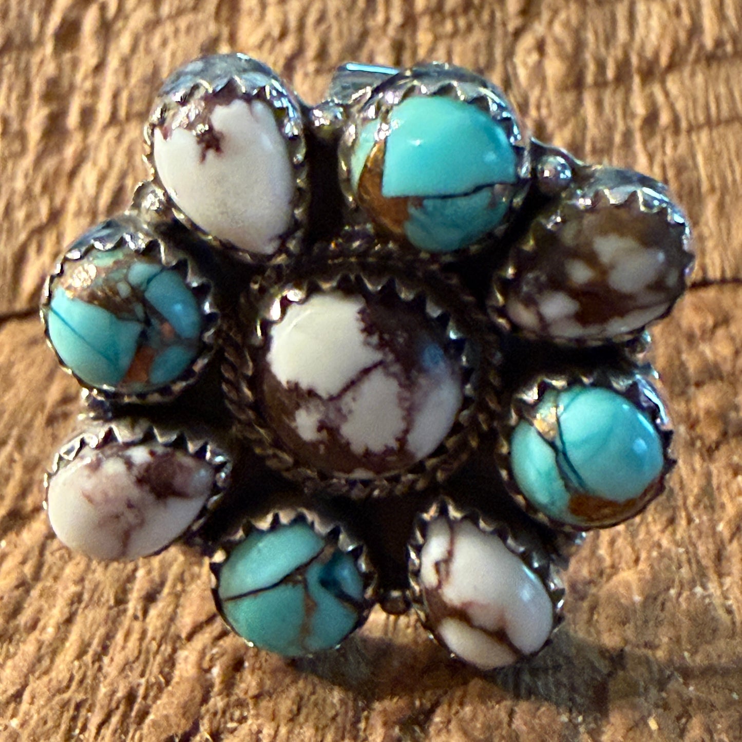 Wild Horse and Golden Hills Turquoise Cluster Ring Adjustable in Sterling Silver Wild West Boho