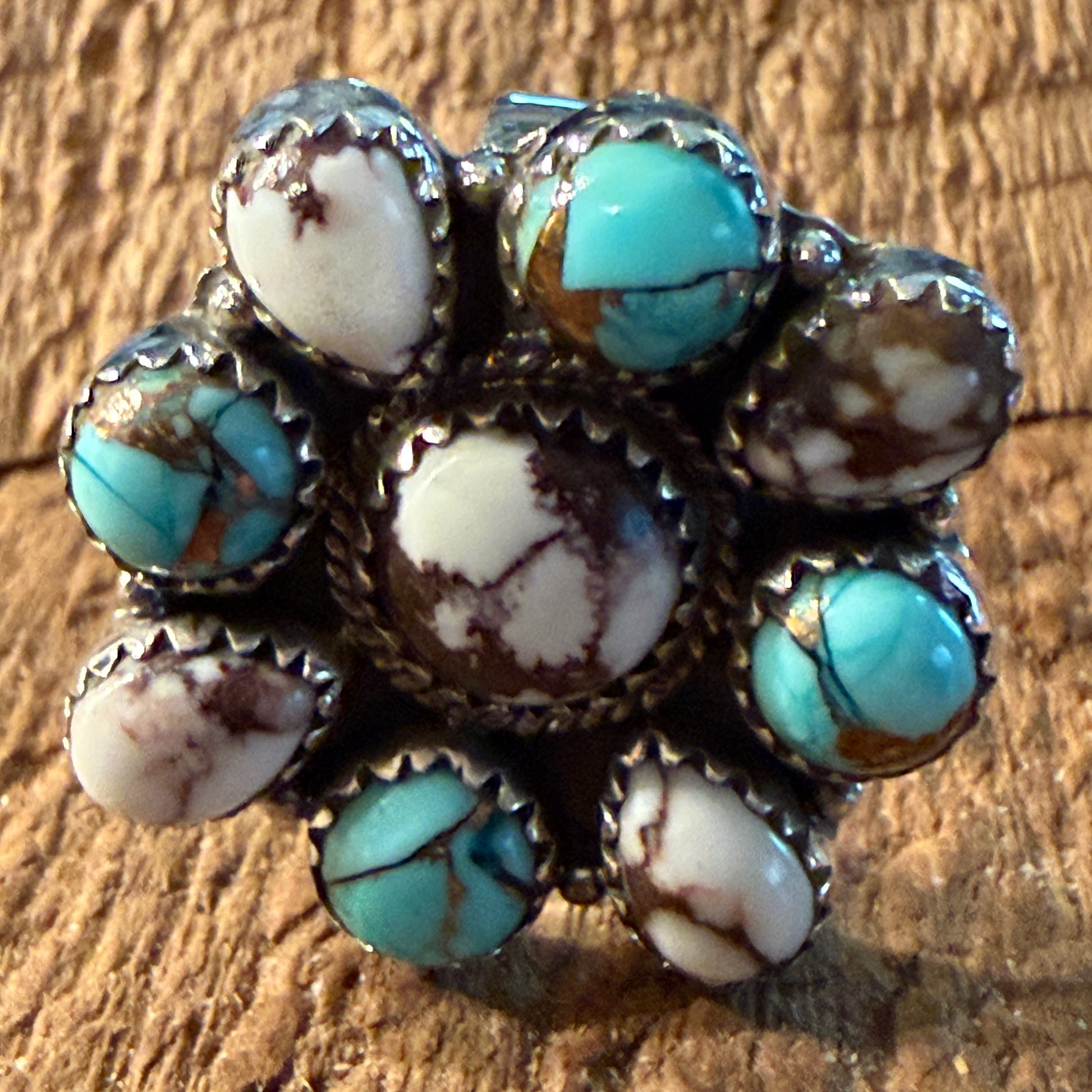 Wild Horse and Golden Hills Turquoise Cluster Ring Adjustable in Sterling Silver Wild West Boho