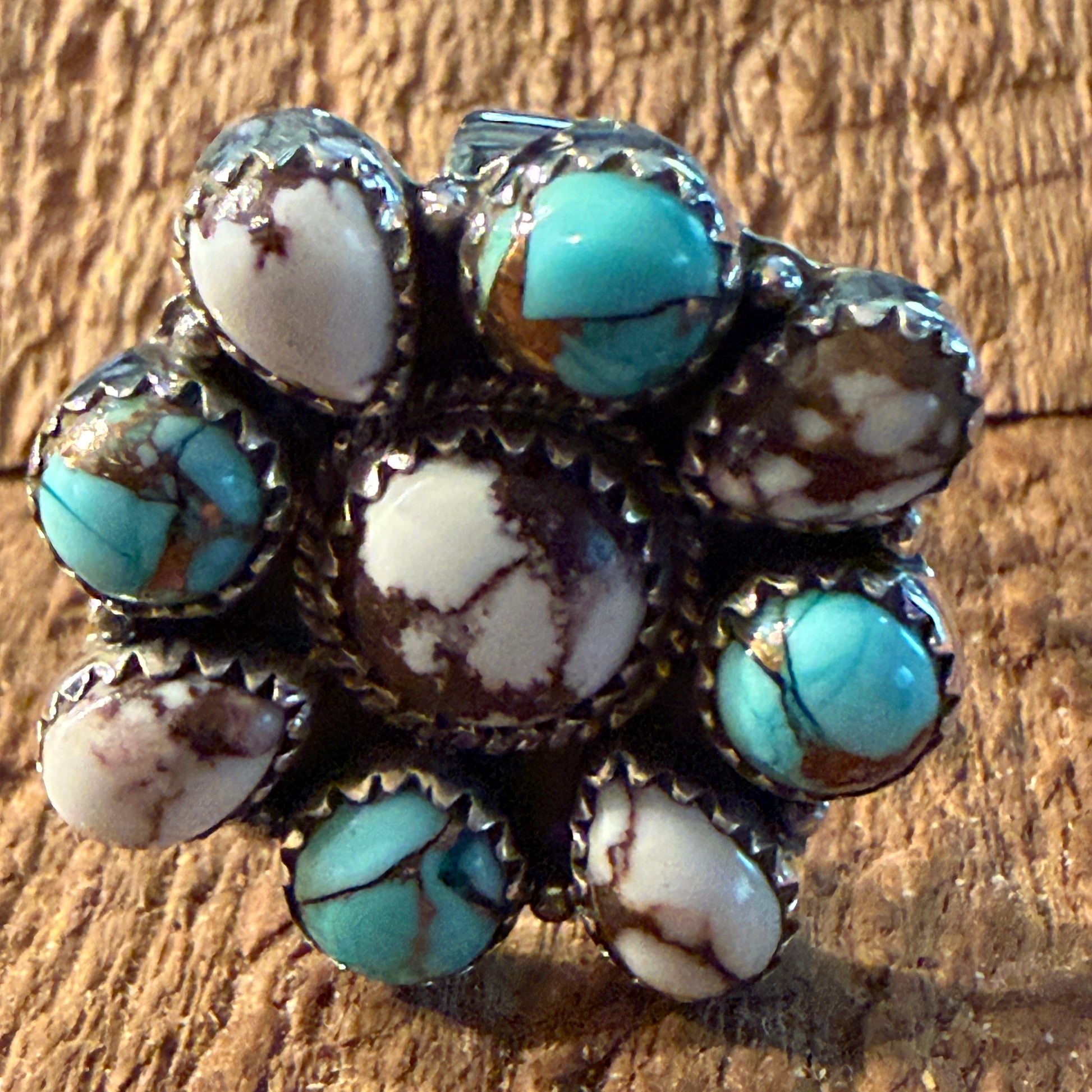 Wild Horse and Golden Hills Turquoise Cluster Ring Adjustable in Sterling Silver Wild West Boho