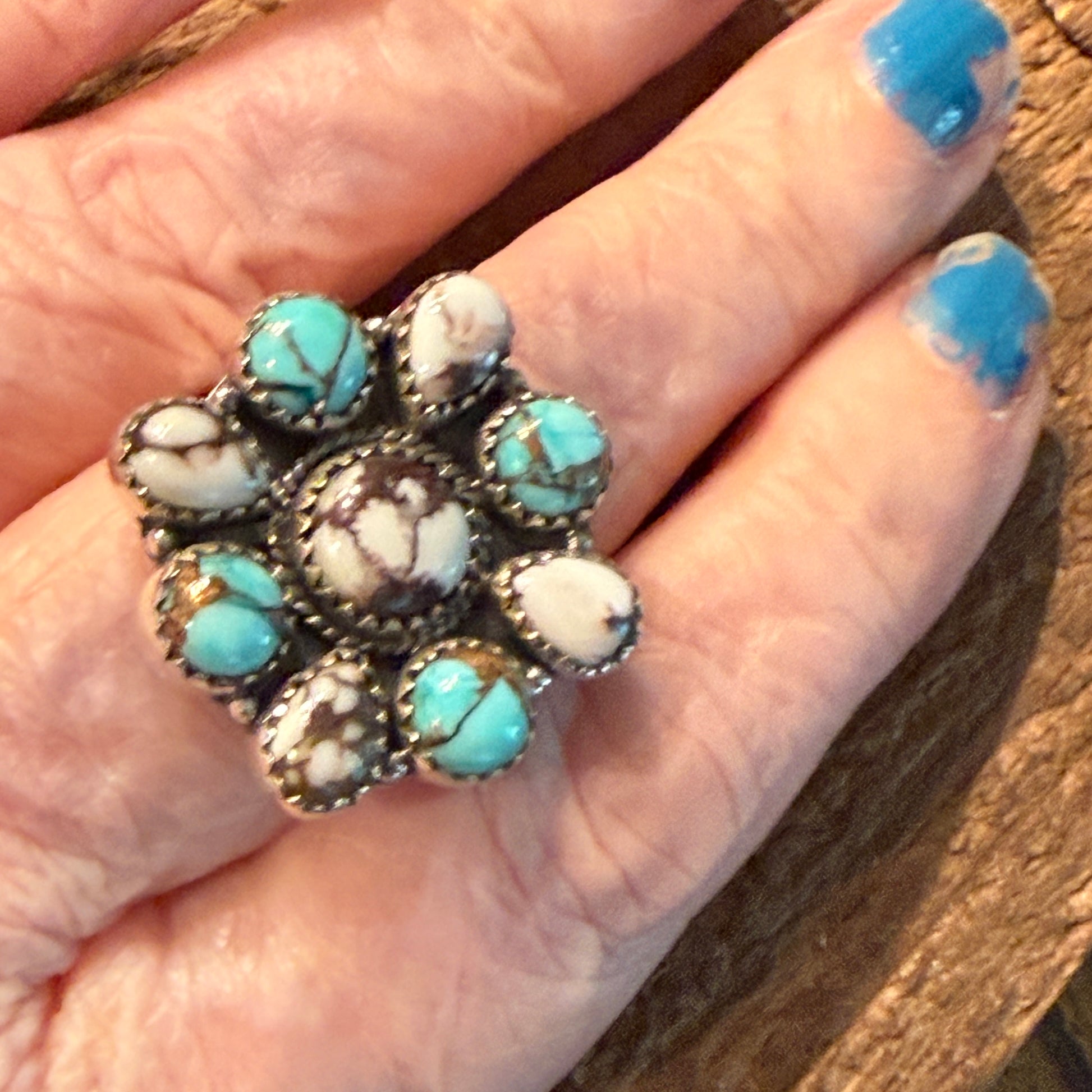 Wild Horse and Golden Hills Turquoise Cluster Ring Adjustable in Sterling Silver Wild West Boho