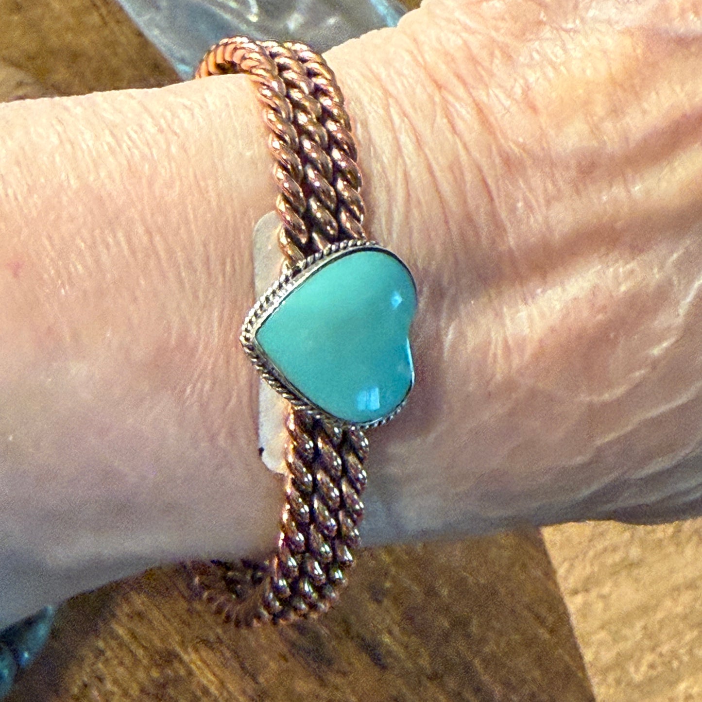 Sonyei Coho Native Handmade Kingman Turquoise Heart Bangle in Genuine Copper Wild West Boho
