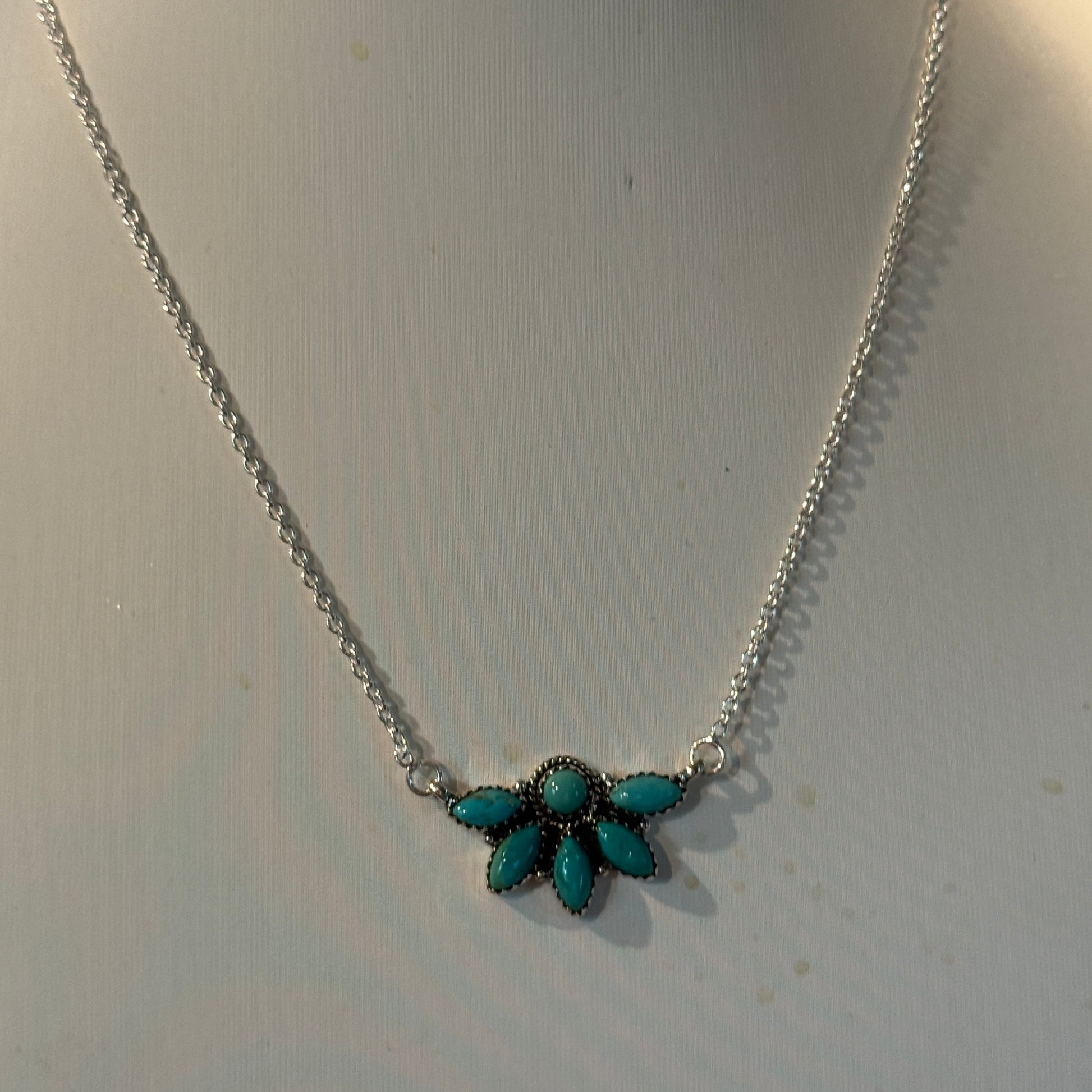 Kingman Turquoise Gemstones Half Cluster Necklace in Sterling Silver, 16 Inch Wild West Boho