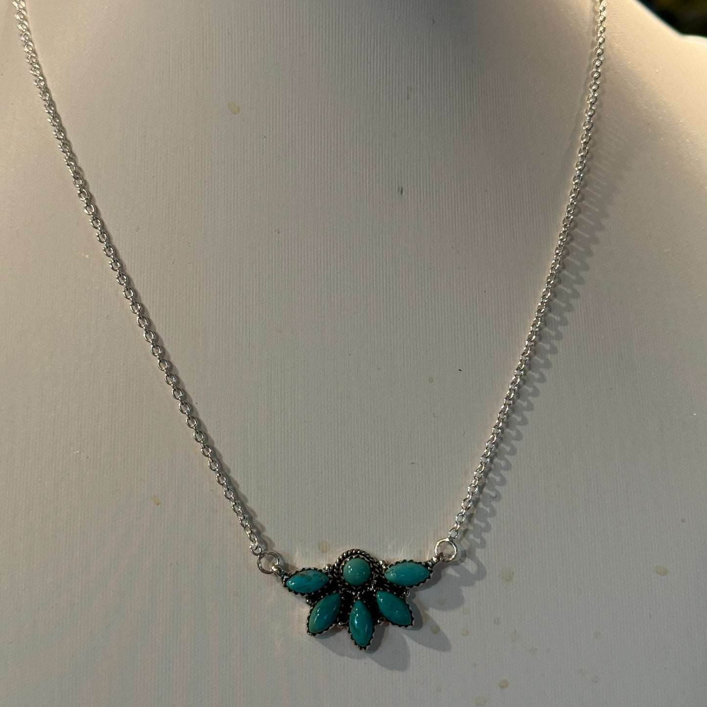 Kingman Turquoise Gemstones Half Cluster Necklace in Sterling Silver, 16 Inch Wild West Boho