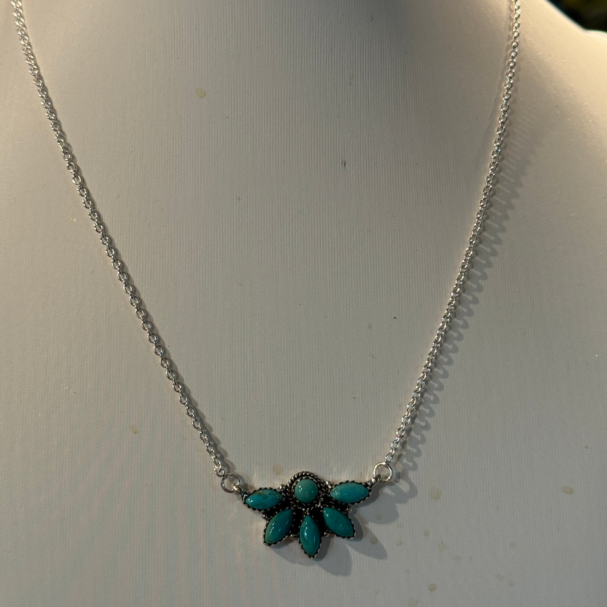 Kingman Turquoise Gemstones Half Cluster Necklace in Sterling Silver, 16 Inch Wild West Boho