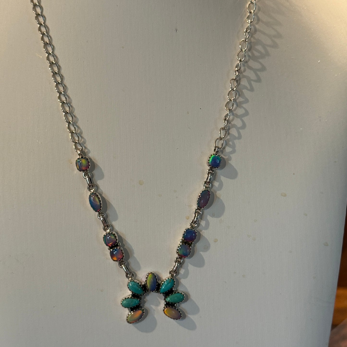 Kingman Turquoise and Opal Gemstone Naja Necklace in Sterling Silver, 18 Inch Wild West Boho