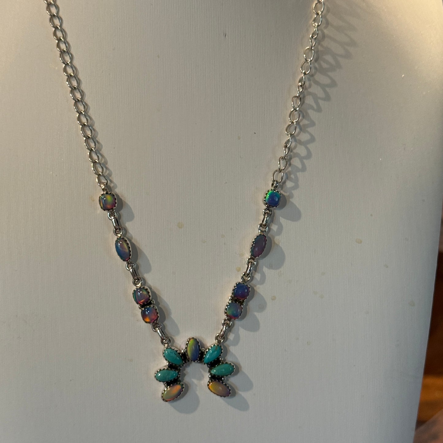 Kingman Turquoise and Opal Gemstone Naja Necklace in Sterling Silver, 18 Inch Wild West Boho