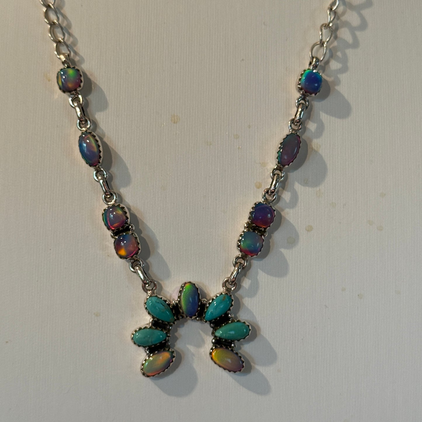 Kingman Turquoise and Opal Gemstone Naja Necklace in Sterling Silver, 18 Inch Wild West Boho