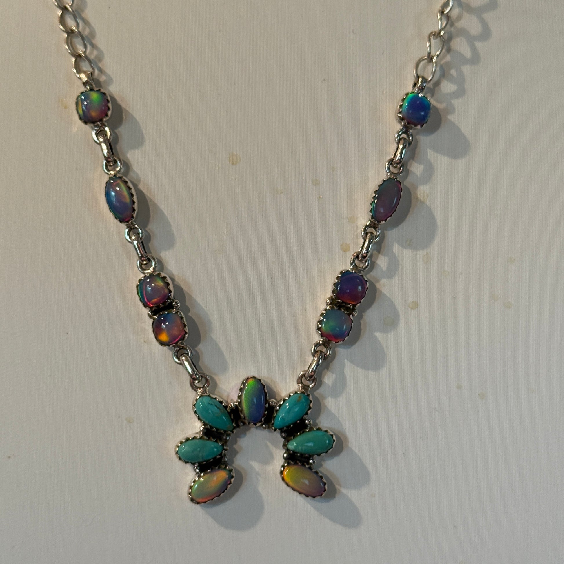 Kingman Turquoise and Opal Gemstone Naja Necklace in Sterling Silver, 18 Inch Wild West Boho