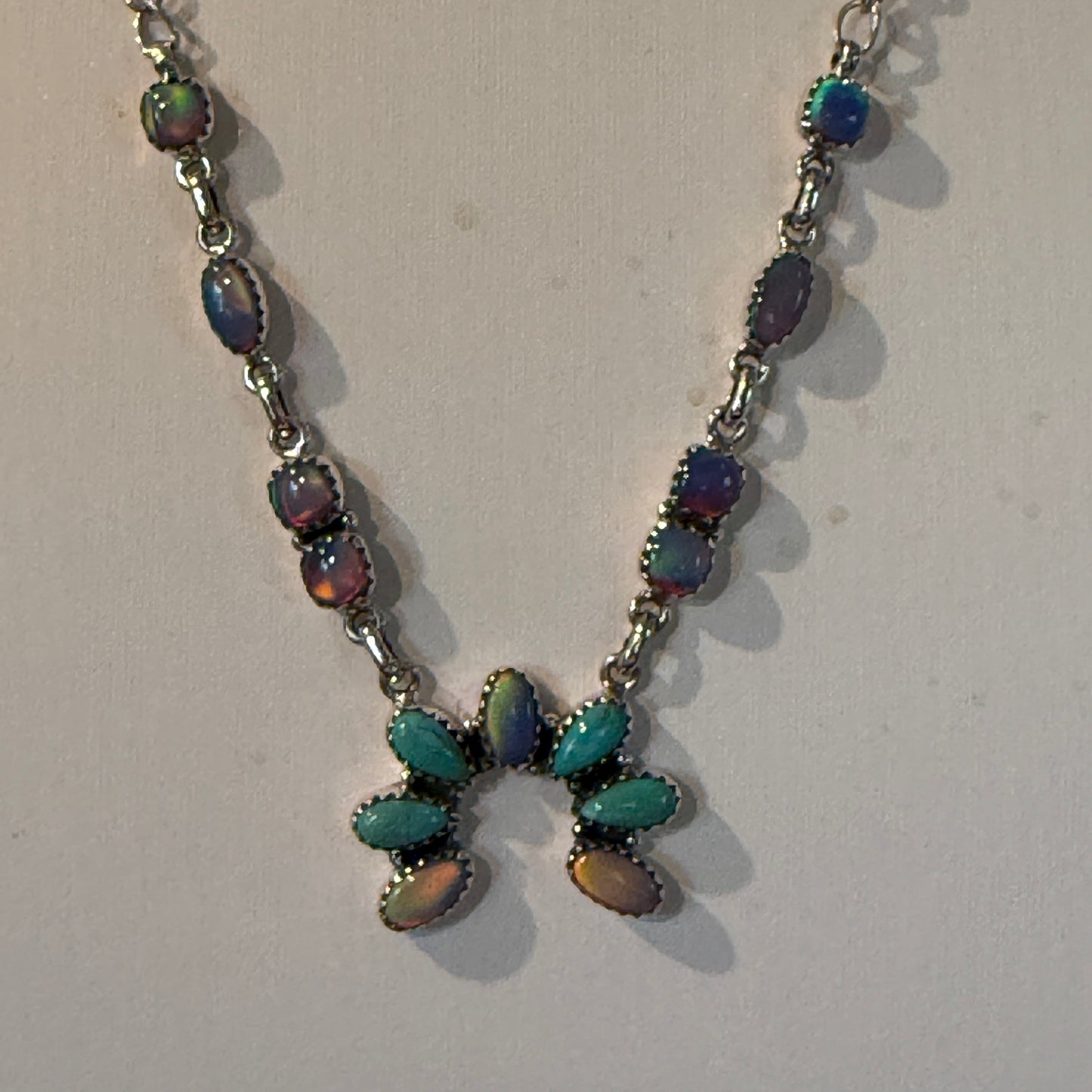 Kingman Turquoise and Opal Gemstone Naja Necklace in Sterling Silver, 18 Inch Wild West Boho
