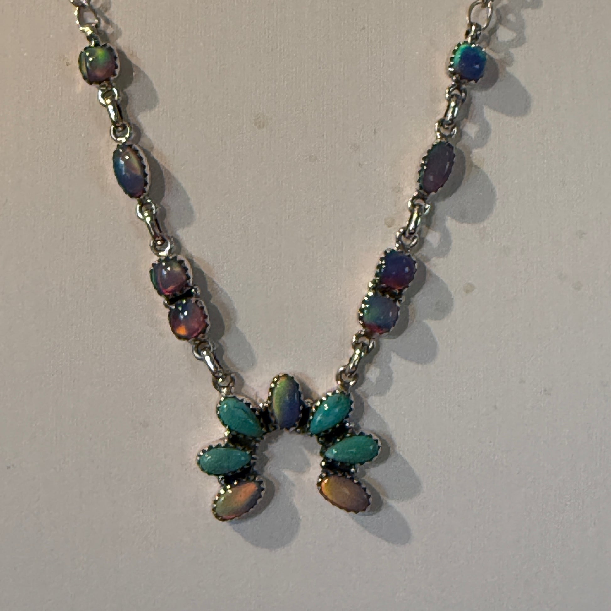 Kingman Turquoise and Opal Gemstone Naja Necklace in Sterling Silver, 18 Inch Wild West Boho