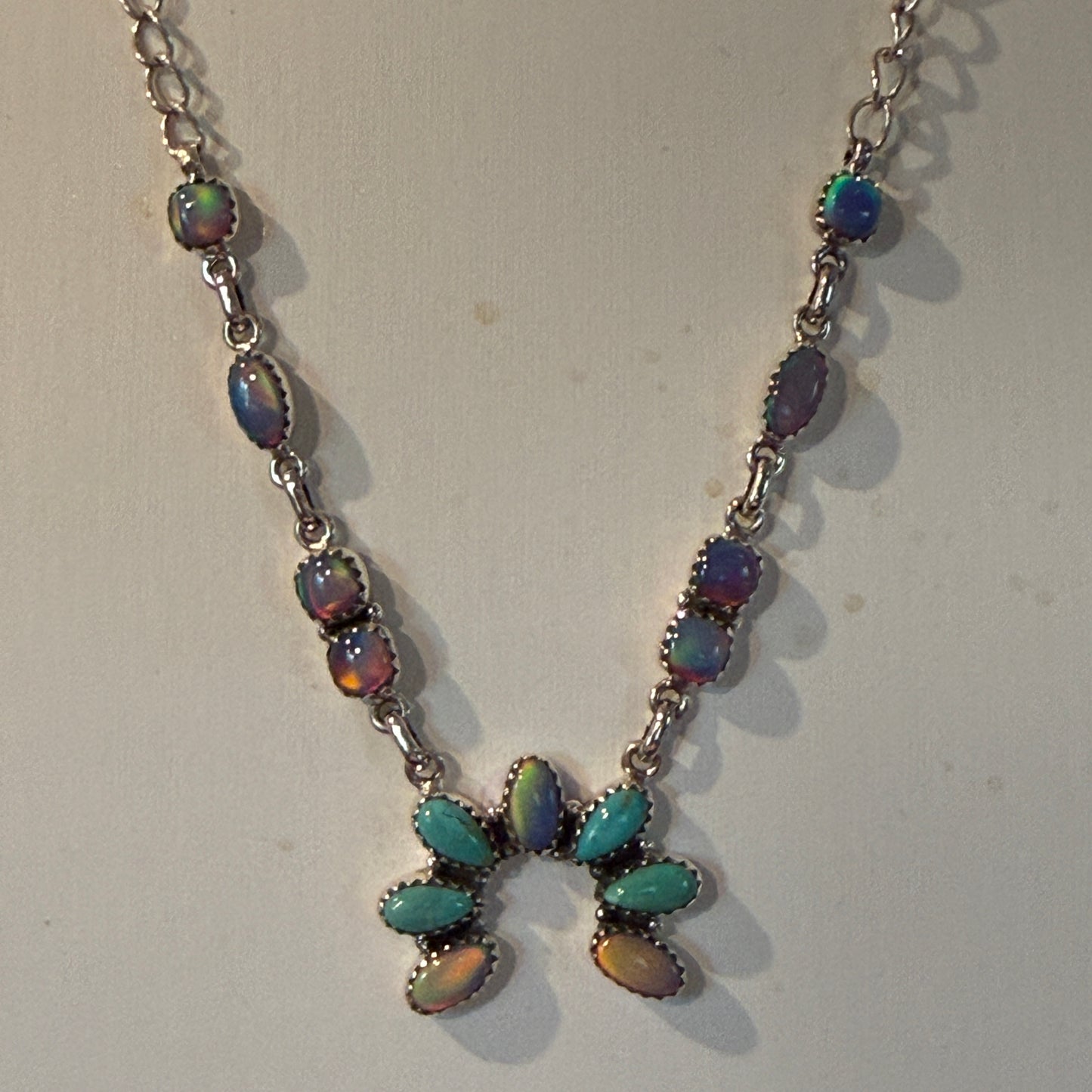 Kingman Turquoise and Opal Gemstone Naja Necklace in Sterling Silver, 18 Inch Wild West Boho