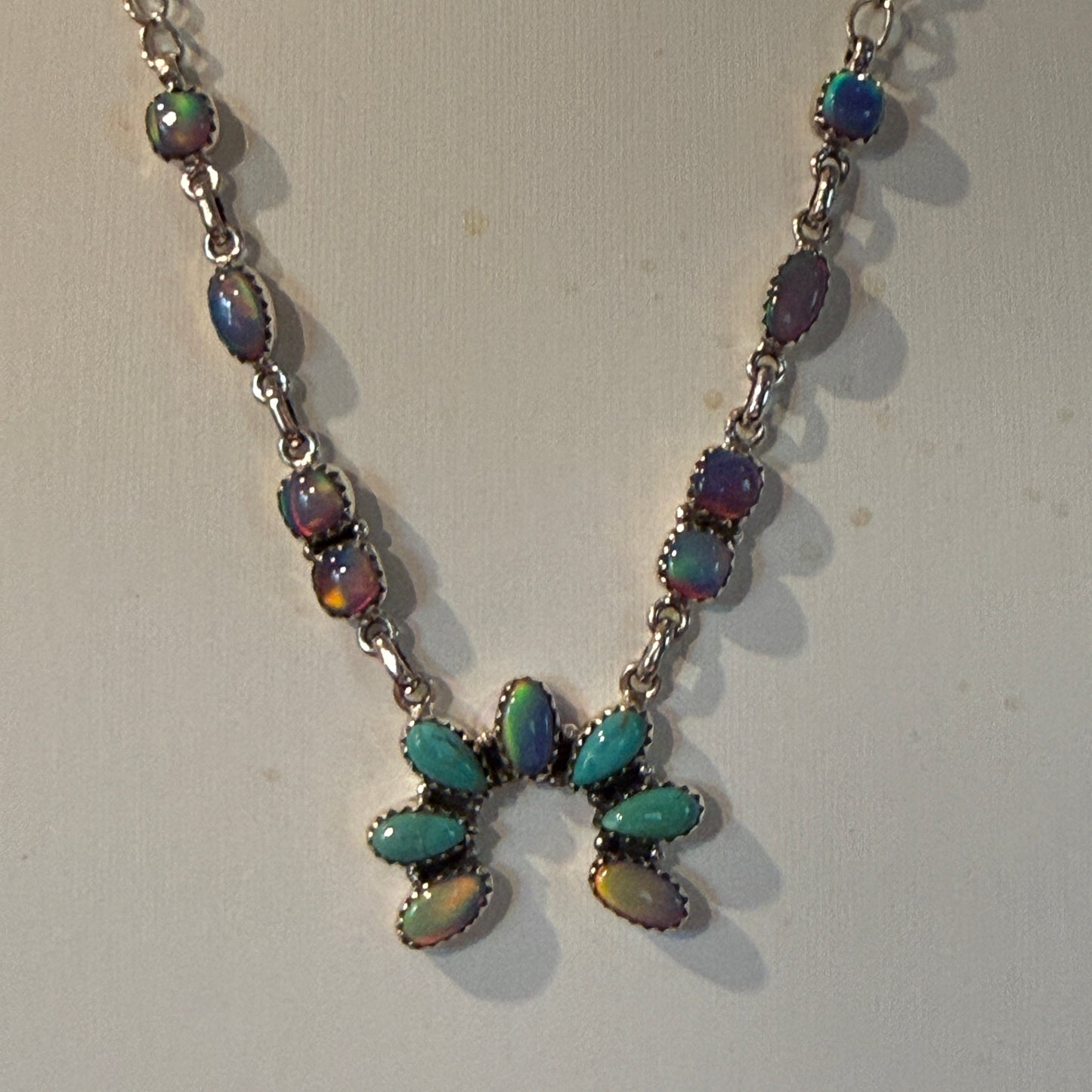 Kingman Turquoise and Opal Gemstone Naja Necklace in Sterling Silver, 18 Inch Wild West Boho