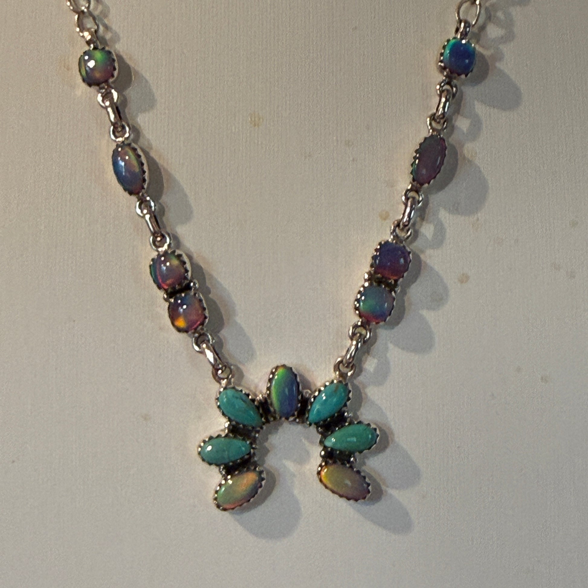 Kingman Turquoise and Opal Gemstone Naja Necklace in Sterling Silver, 18 Inch Wild West Boho