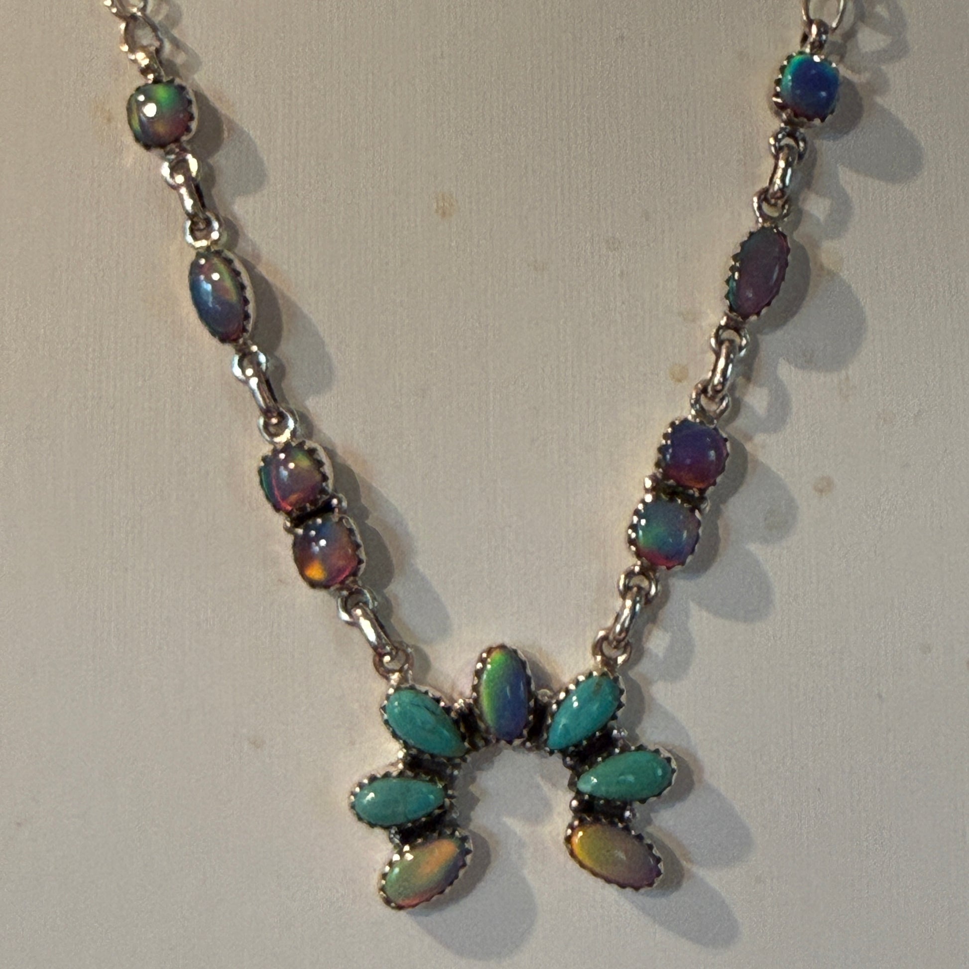 Kingman Turquoise and Opal Gemstone Naja Necklace in Sterling Silver, 18 Inch Wild West Boho