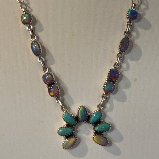 Kingman Turquoise and Opal Gemstone Naja Necklace in Sterling Silver, 18 Inch Wild West Boho