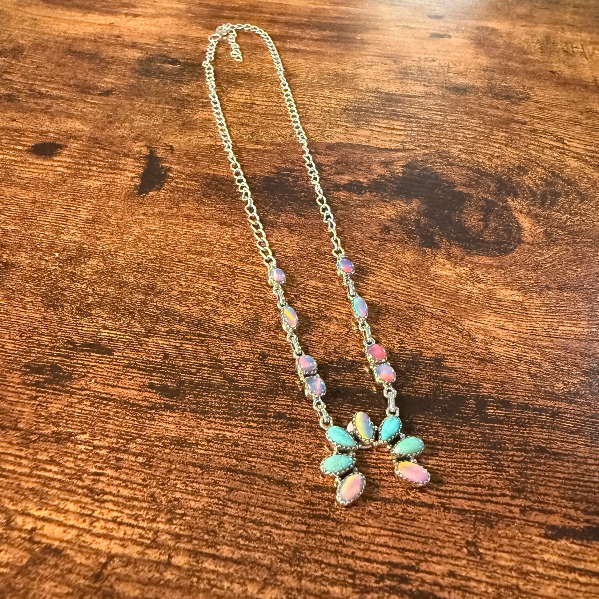 Kingman Turquoise and Opal Gemstone Naja Necklace in Sterling Silver, 18 Inch Wild West Boho