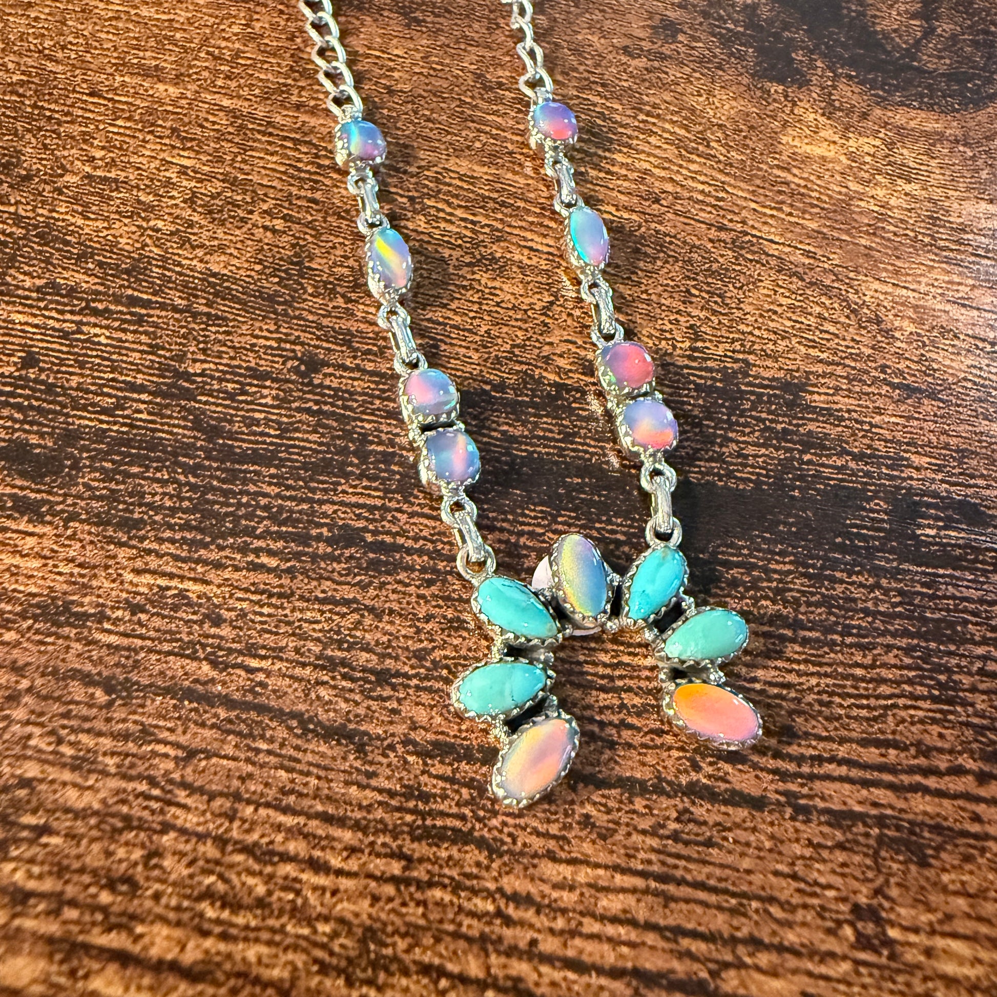 Kingman Turquoise and Opal Gemstone Naja Necklace in Sterling Silver, 18 Inch Wild West Boho