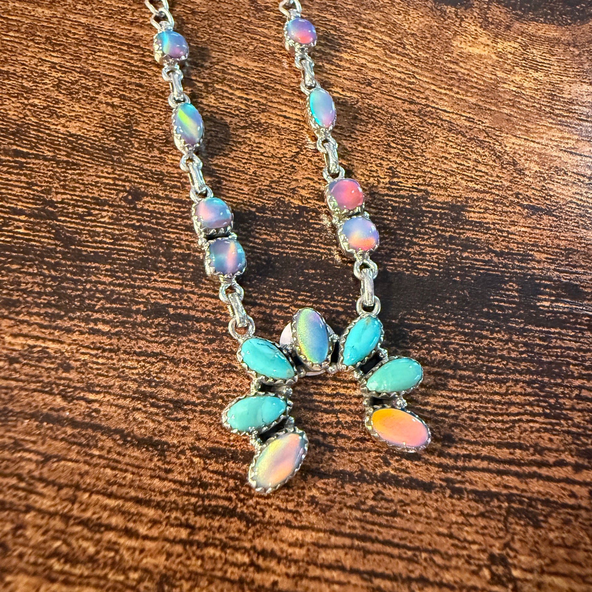Kingman Turquoise and Opal Gemstone Naja Necklace in Sterling Silver, 18 Inch Wild West Boho