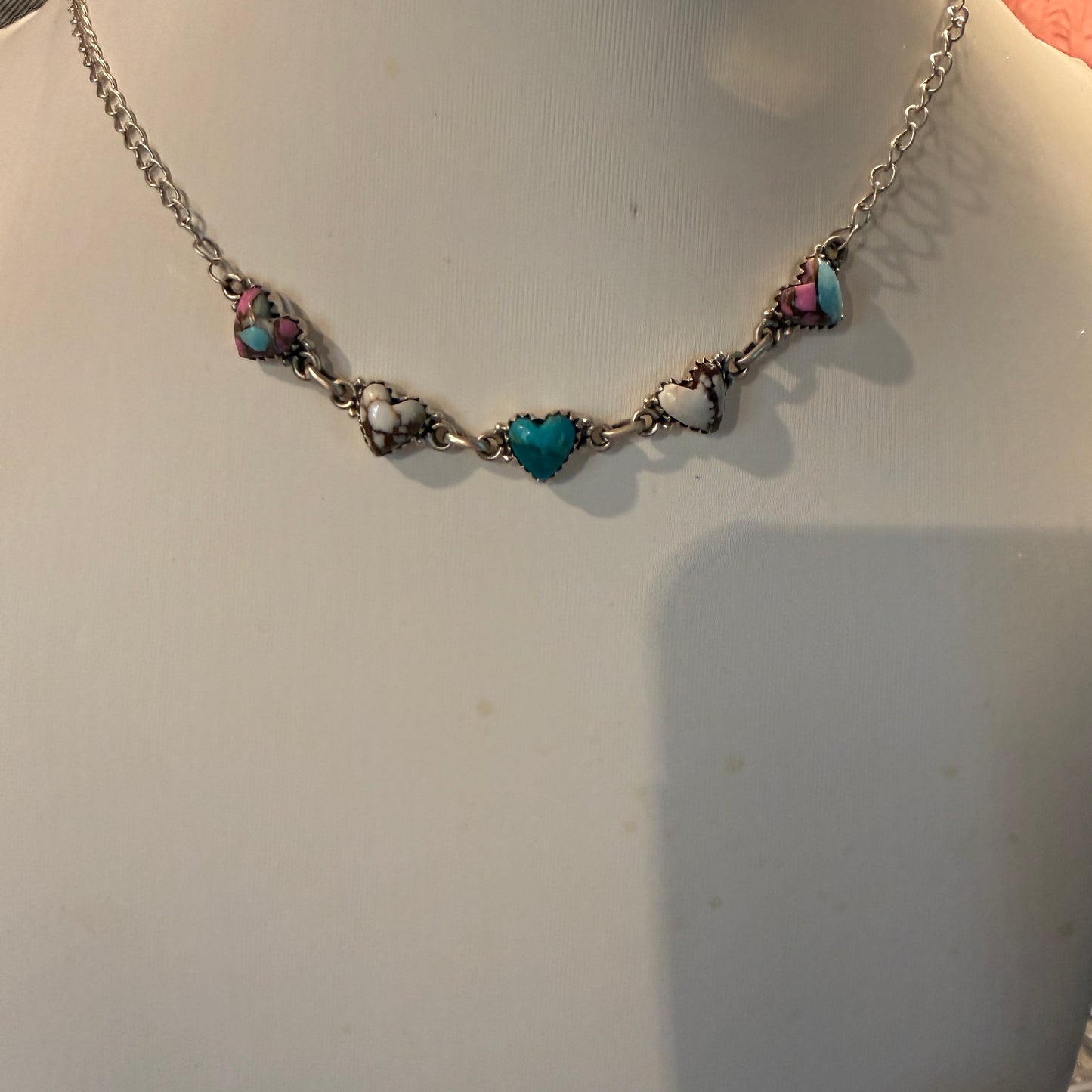 Kingman Turquoise Cotton Candy and Wild Horse Heart Necklace in Sterling Silver 16 Inch Wild West Boho