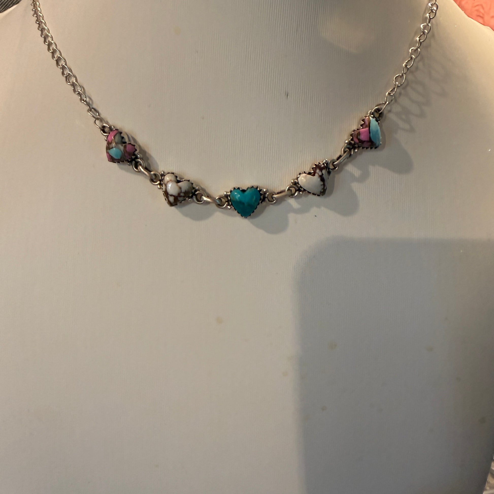 Kingman Turquoise Cotton Candy and Wild Horse Heart Necklace in Sterling Silver 16 Inch Wild West Boho