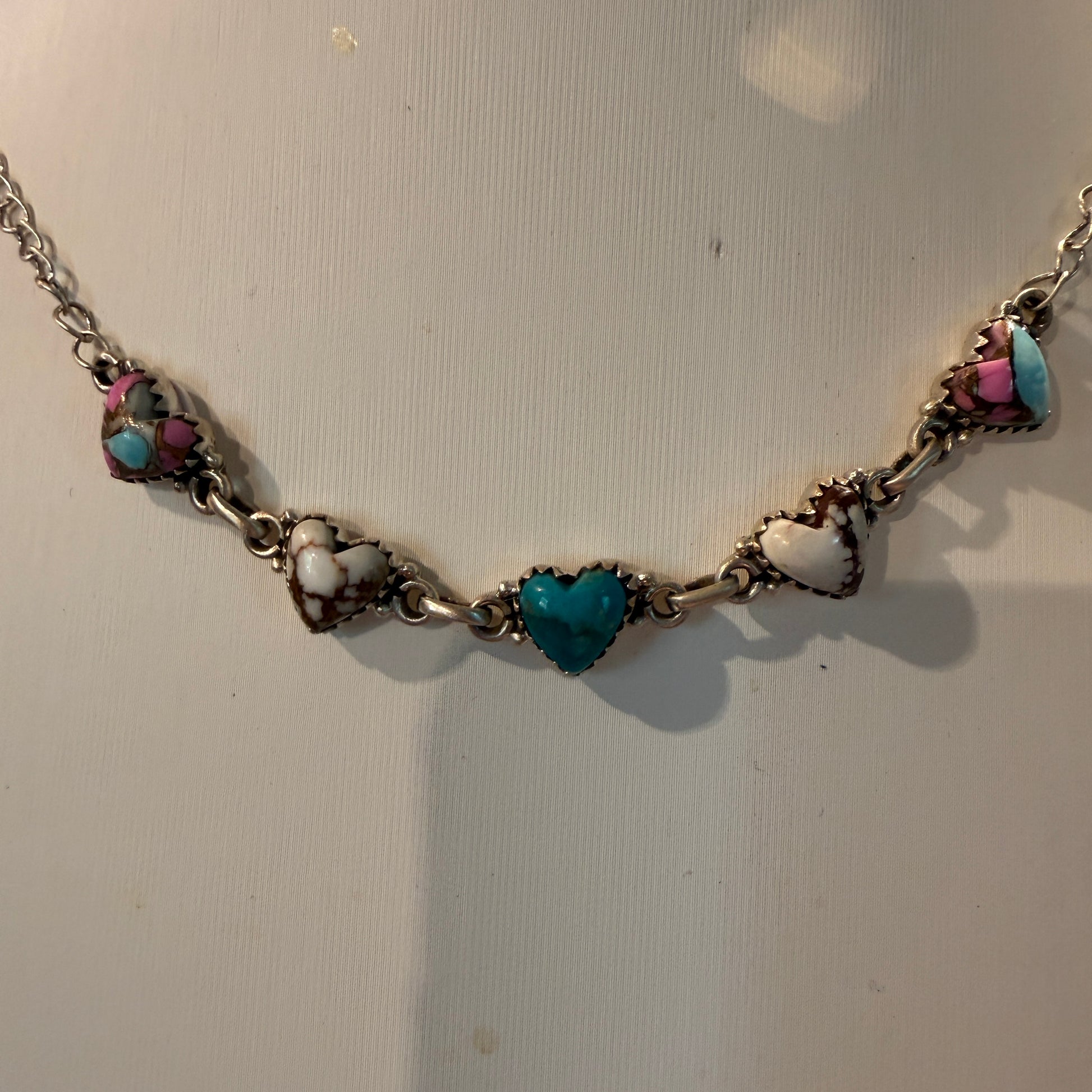 Kingman Turquoise Cotton Candy and Wild Horse Heart Necklace in Sterling Silver 16 Inch Wild West Boho
