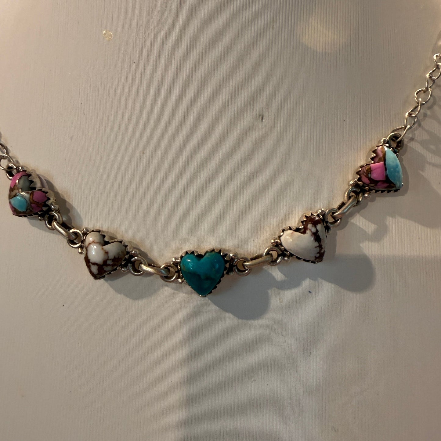 Kingman Turquoise Cotton Candy and Wild Horse Heart Necklace in Sterling Silver 16 Inch Wild West Boho