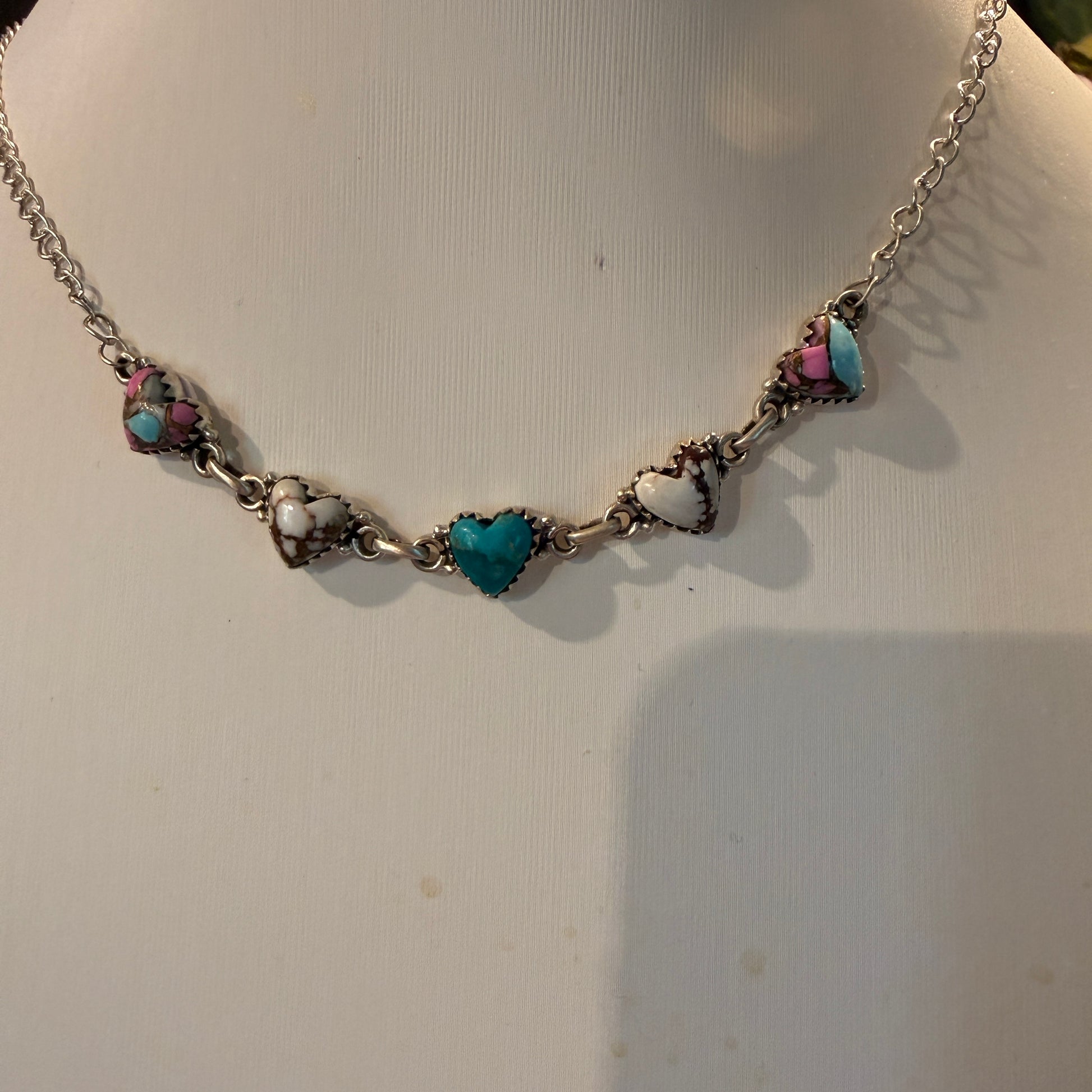 Kingman Turquoise Cotton Candy and Wild Horse Heart Necklace in Sterling Silver 16 Inch Wild West Boho