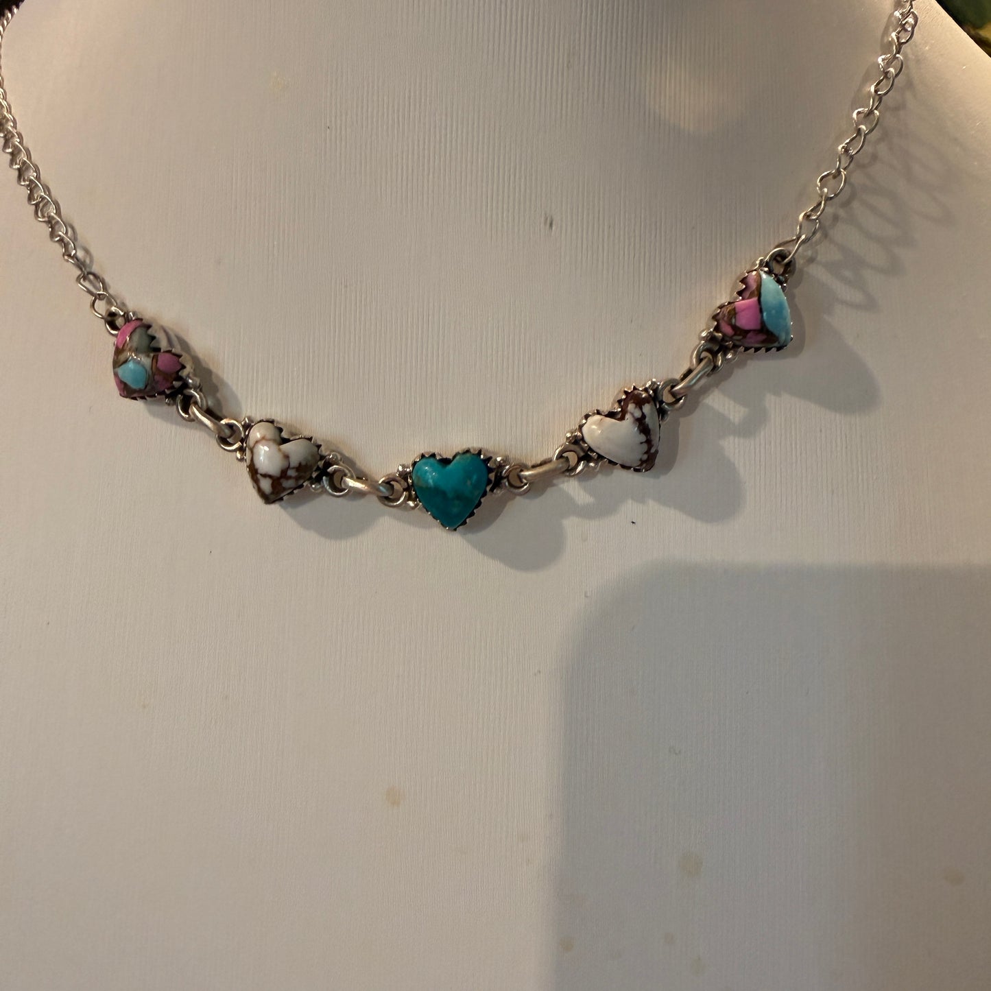 Kingman Turquoise Cotton Candy and Wild Horse Heart Necklace in Sterling Silver 16 Inch Wild West Boho