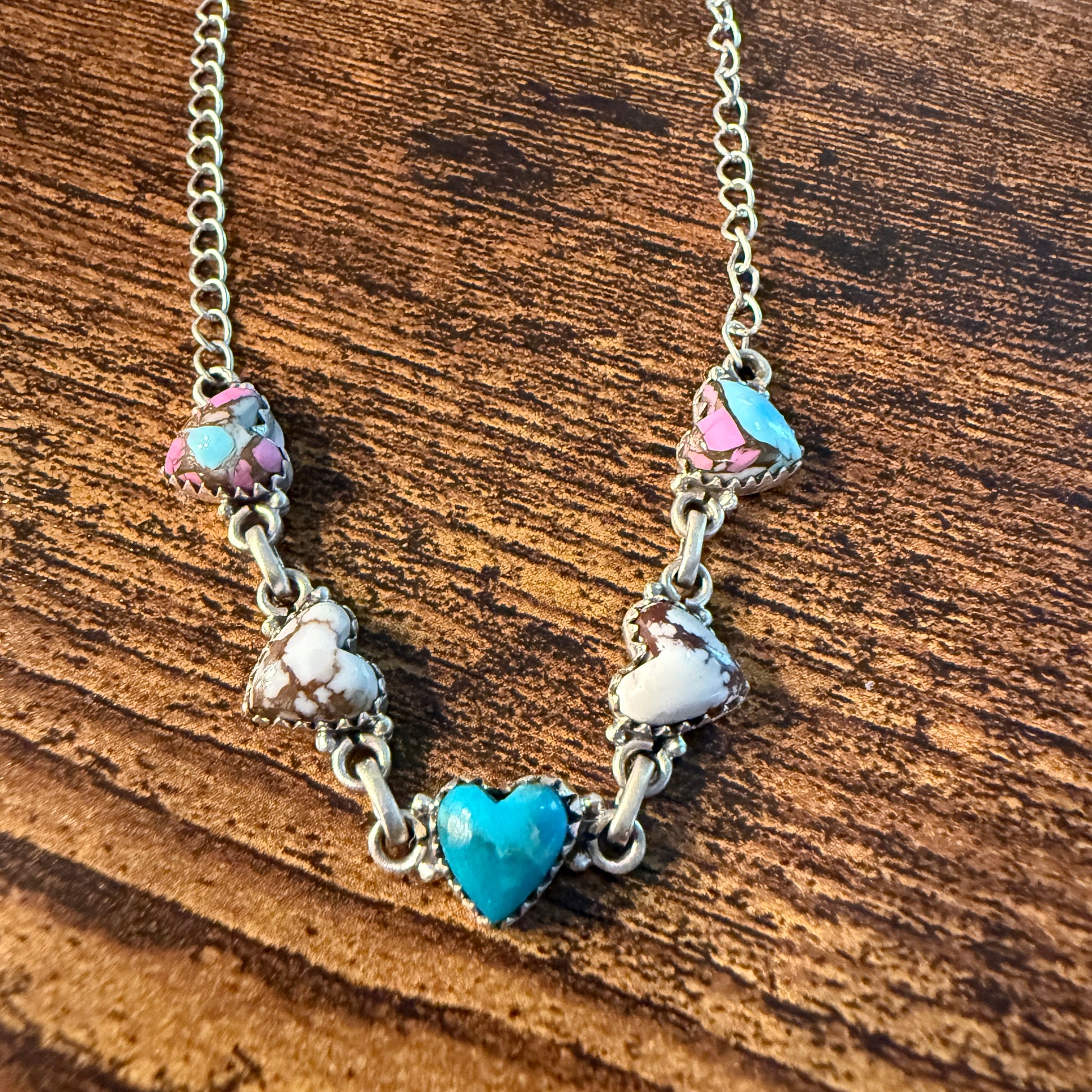 Kingman Turquoise Cotton Candy and Wild Horse Heart Necklace in Sterling Silver 16 Inch Wild West Boho