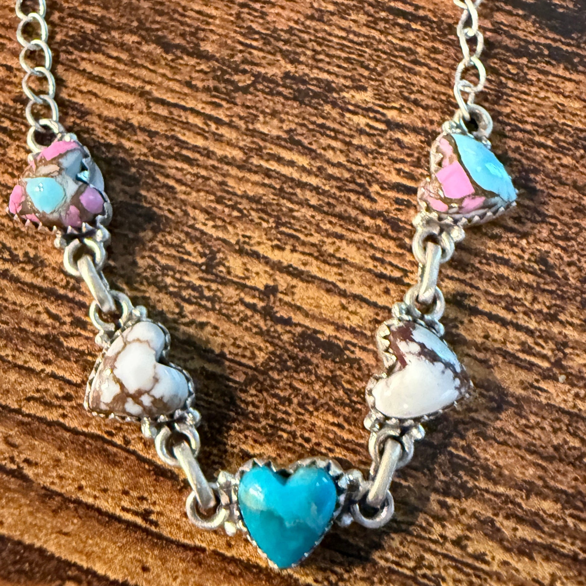 Kingman Turquoise Cotton Candy and Wild Horse Heart Necklace in Sterling Silver 16 Inch Wild West Boho