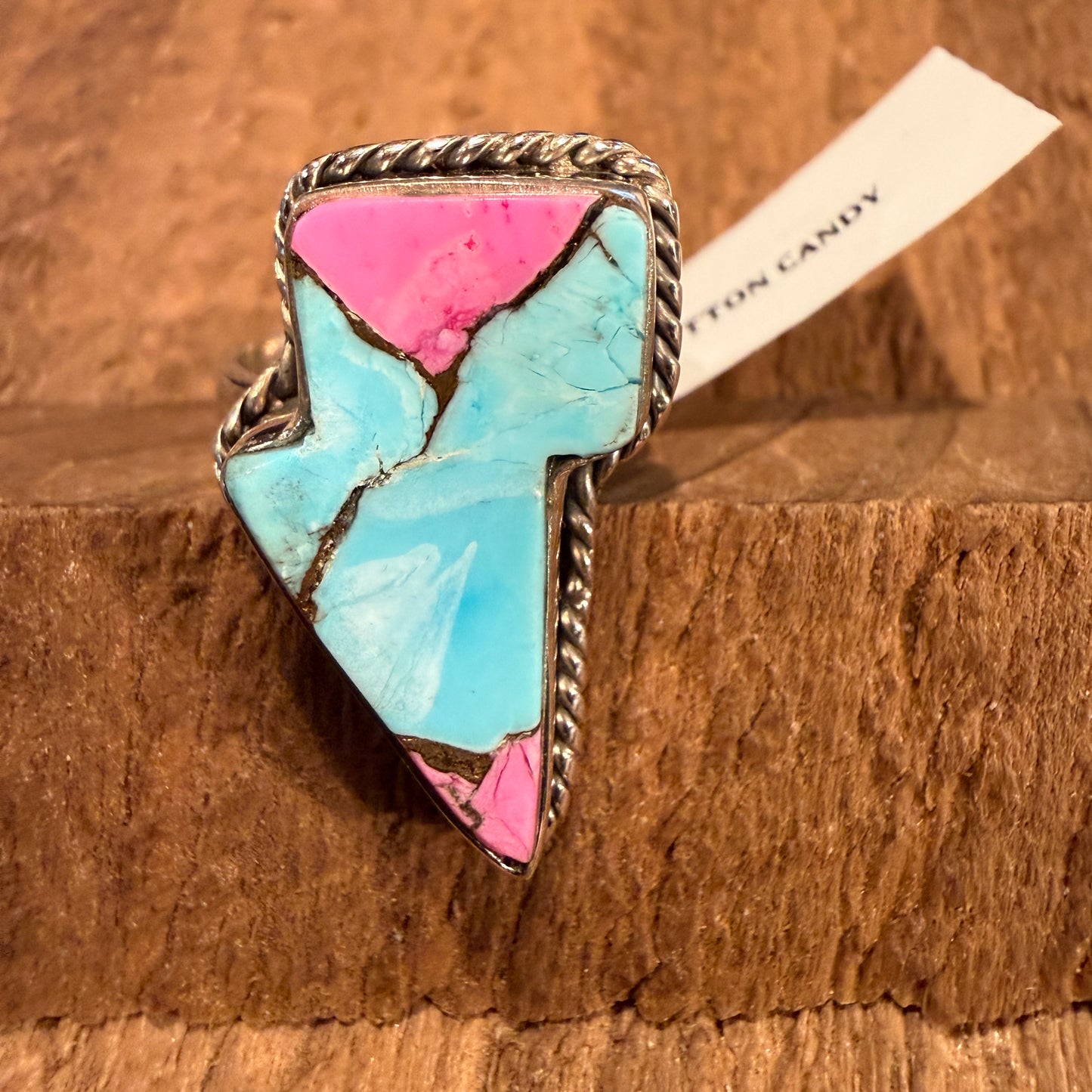 Cotton Candy Turquoise Gemstone Lightning Bolt Adjustable Ring in Sterling Silver Wild West Boho