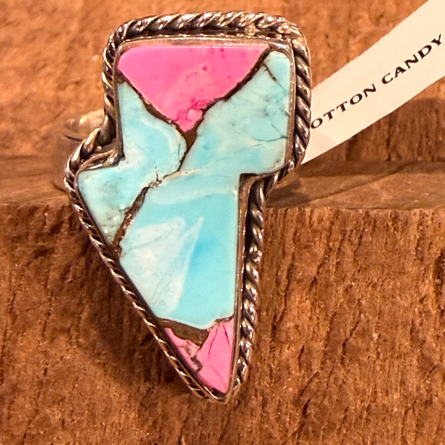 Cotton Candy Turquoise Gemstone Lightning Bolt Adjustable Ring in Sterling Silver Wild West Boho