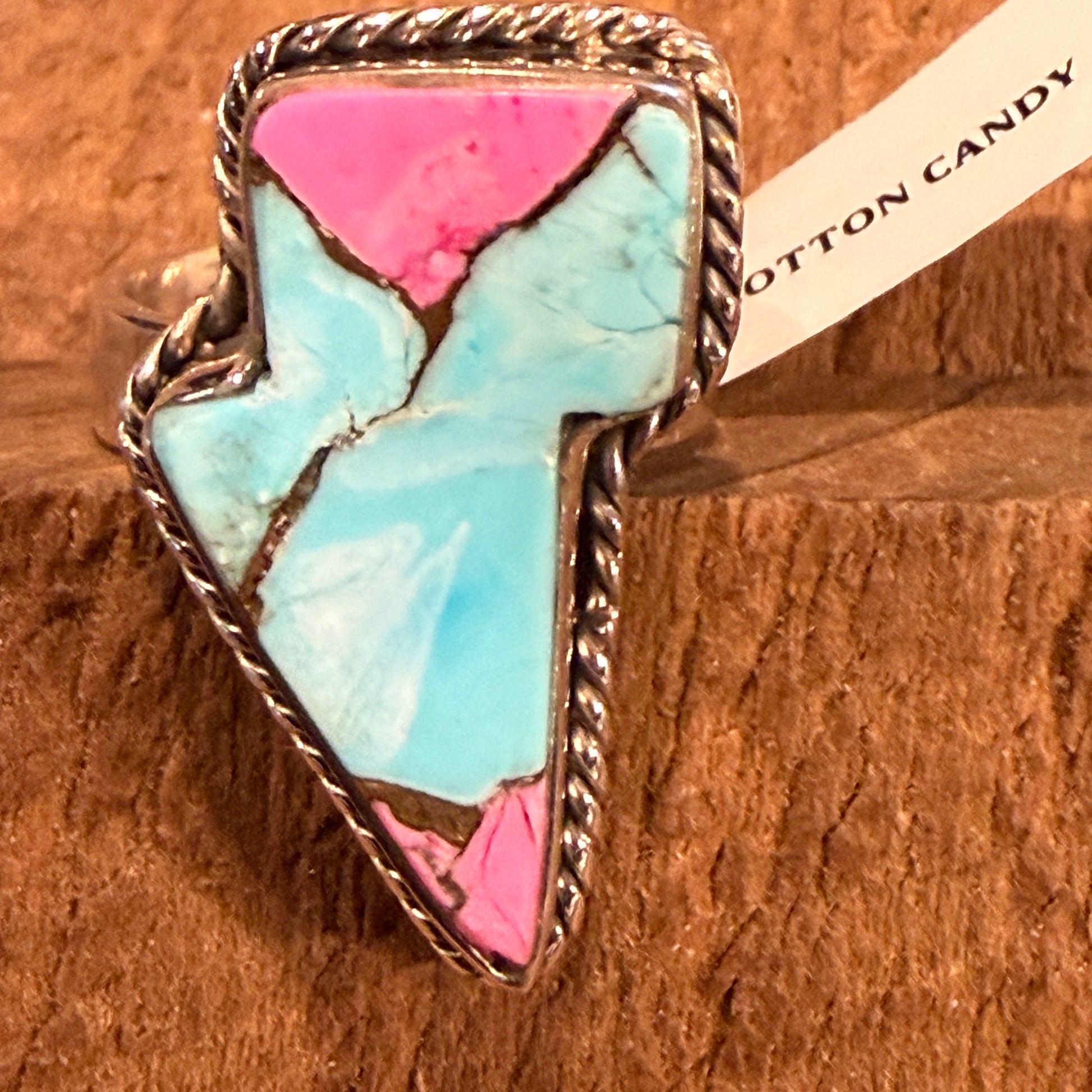 Cotton Candy Turquoise Gemstone Lightning Bolt Adjustable Ring in Sterling Silver Wild West Boho