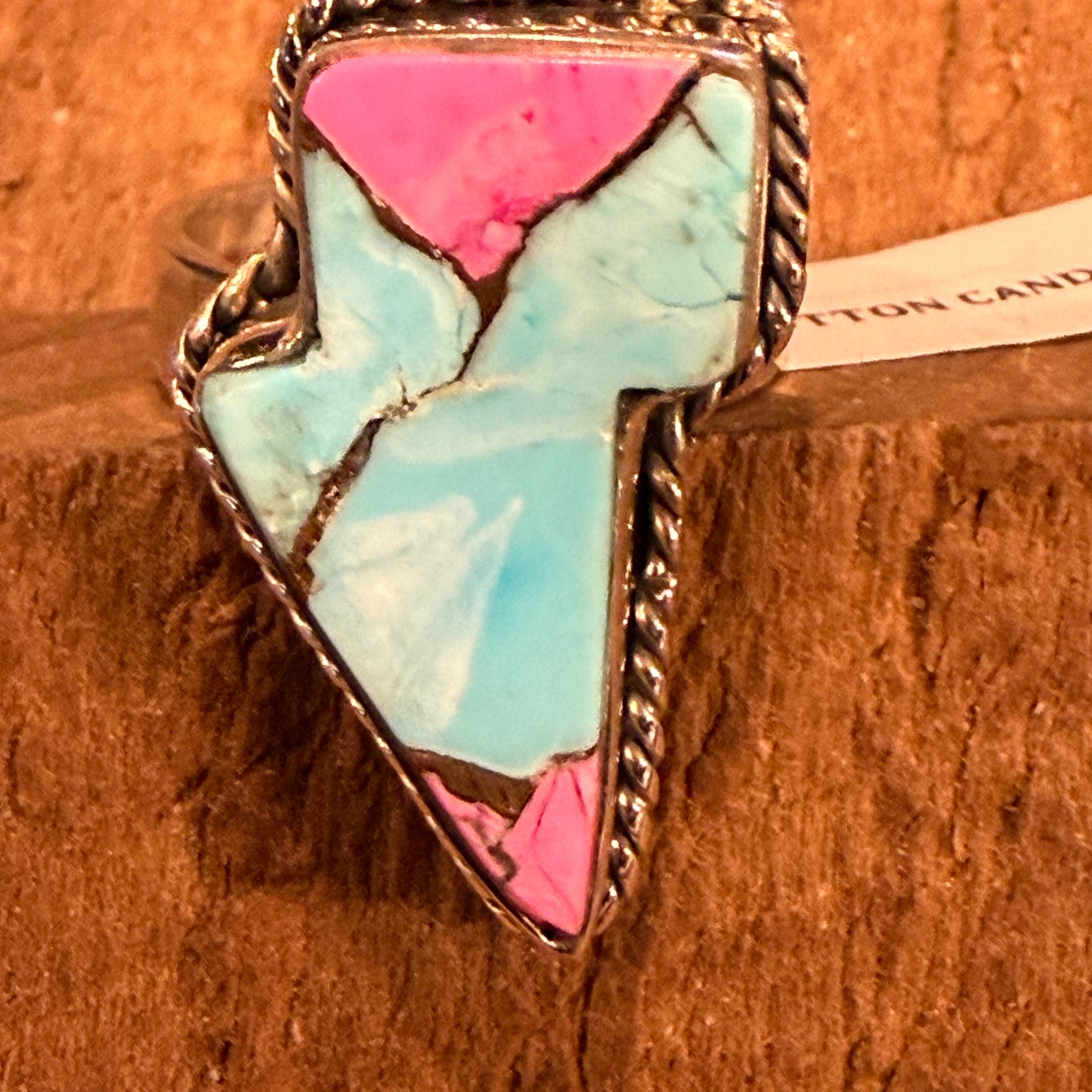Cotton Candy Turquoise Gemstone Lightning Bolt Adjustable Ring in Sterling Silver Wild West Boho