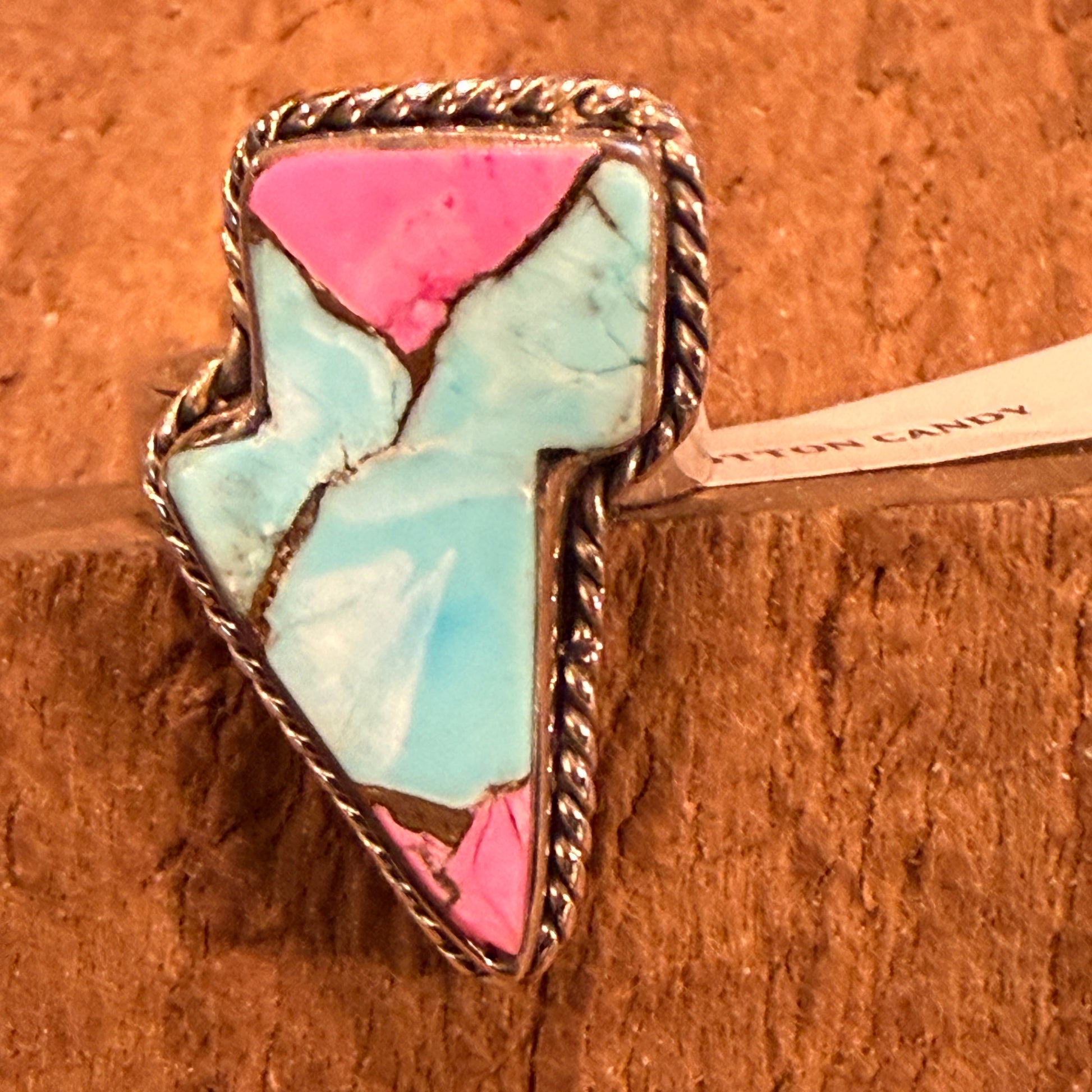 Cotton Candy Turquoise Gemstone Lightning Bolt Adjustable Ring in Sterling Silver Wild West Boho