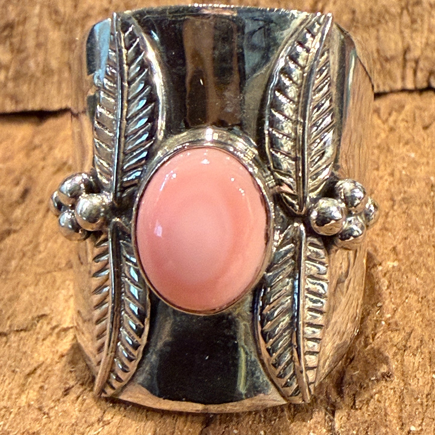 Queen Pink Conch Gemstone Wide Band Ring Size 8.5 In Sterling Silver Wild West Boho