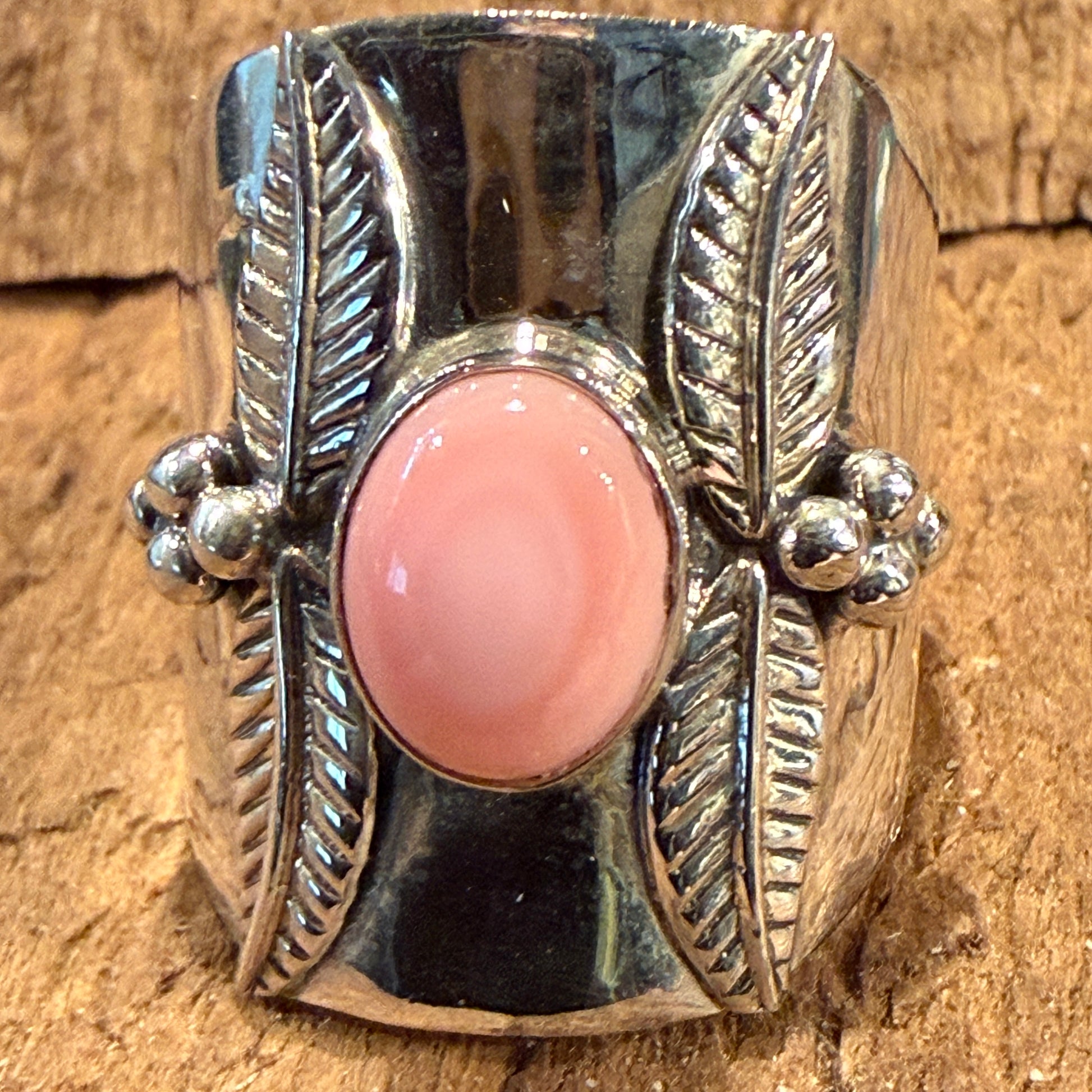 Queen Pink Conch Gemstone Wide Band Ring Size 8.5 In Sterling Silver Wild West Boho