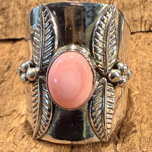 Queen Pink Conch Gemstone Wide Band Ring Size 8.5 In Sterling Silver Wild West Boho