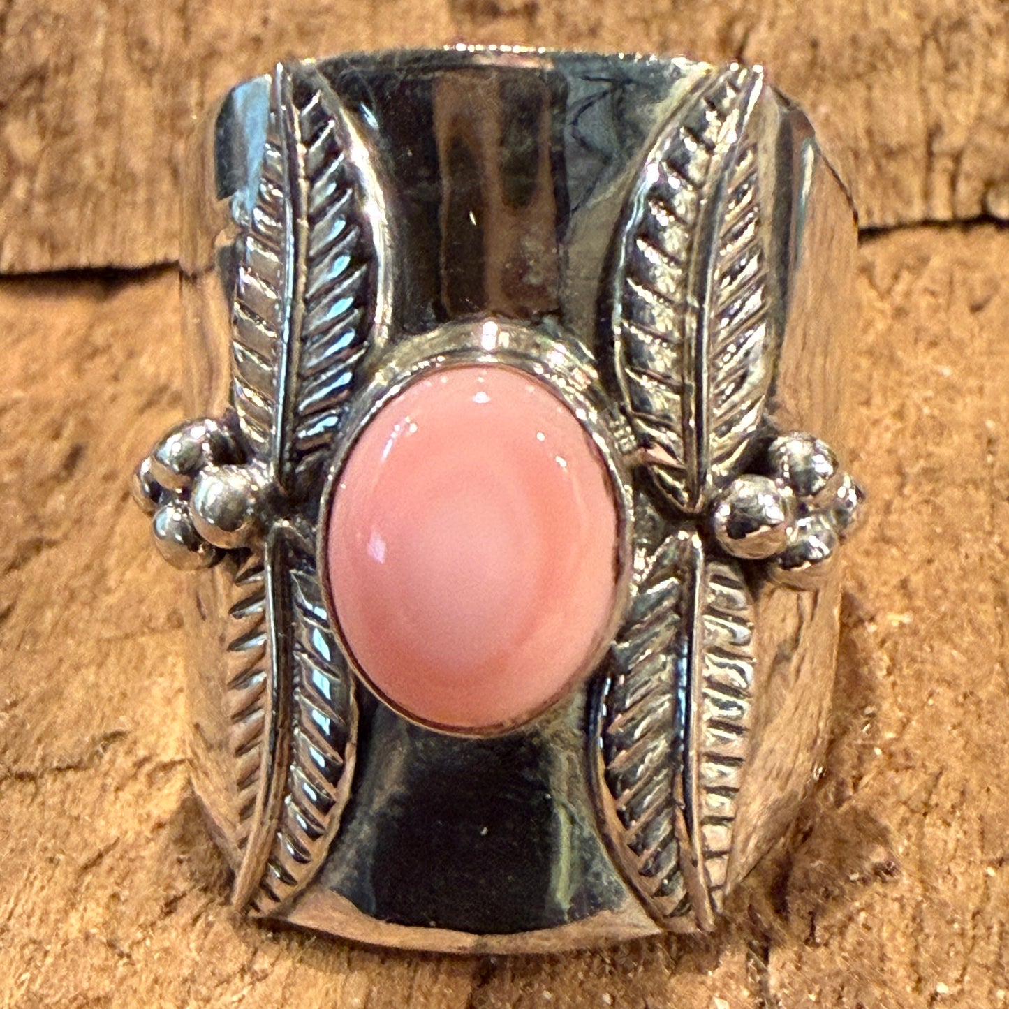 Queen Pink Conch Gemstone Wide Band Ring Size 8.5 In Sterling Silver Wild West Boho