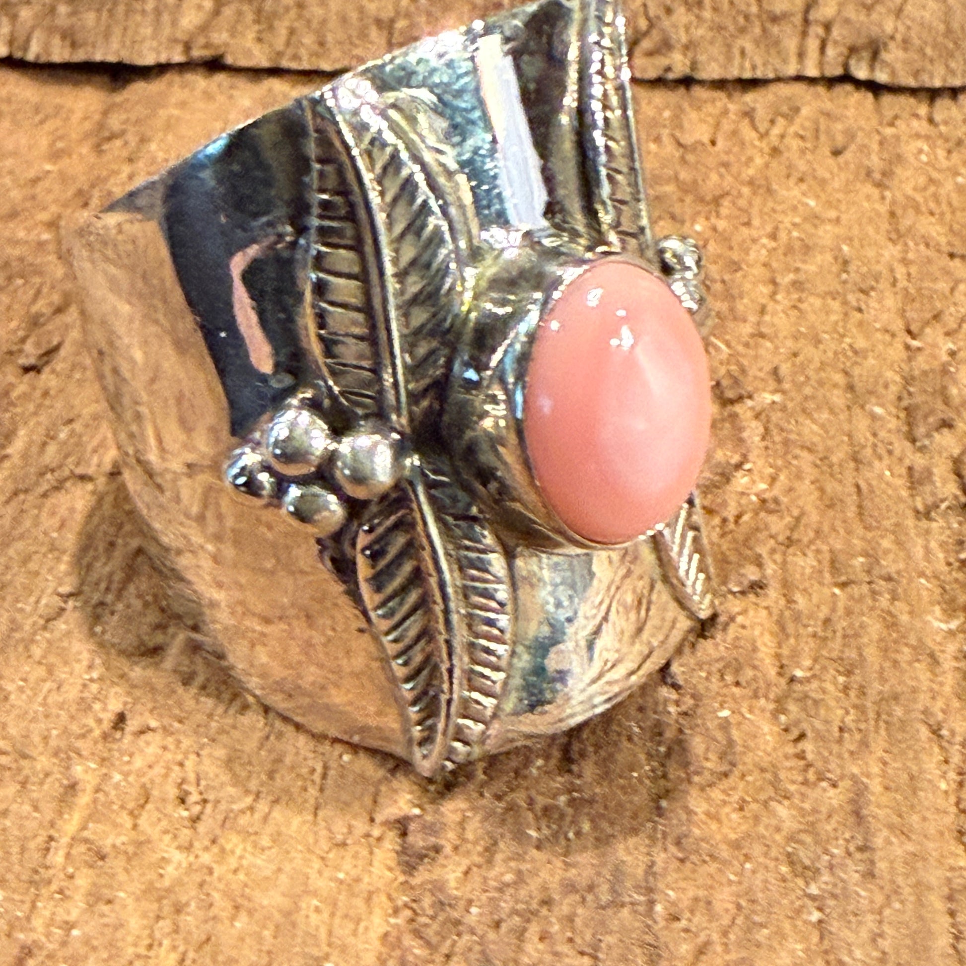 Queen Pink Conch Gemstone Wide Band Ring Size 8.5 In Sterling Silver Wild West Boho