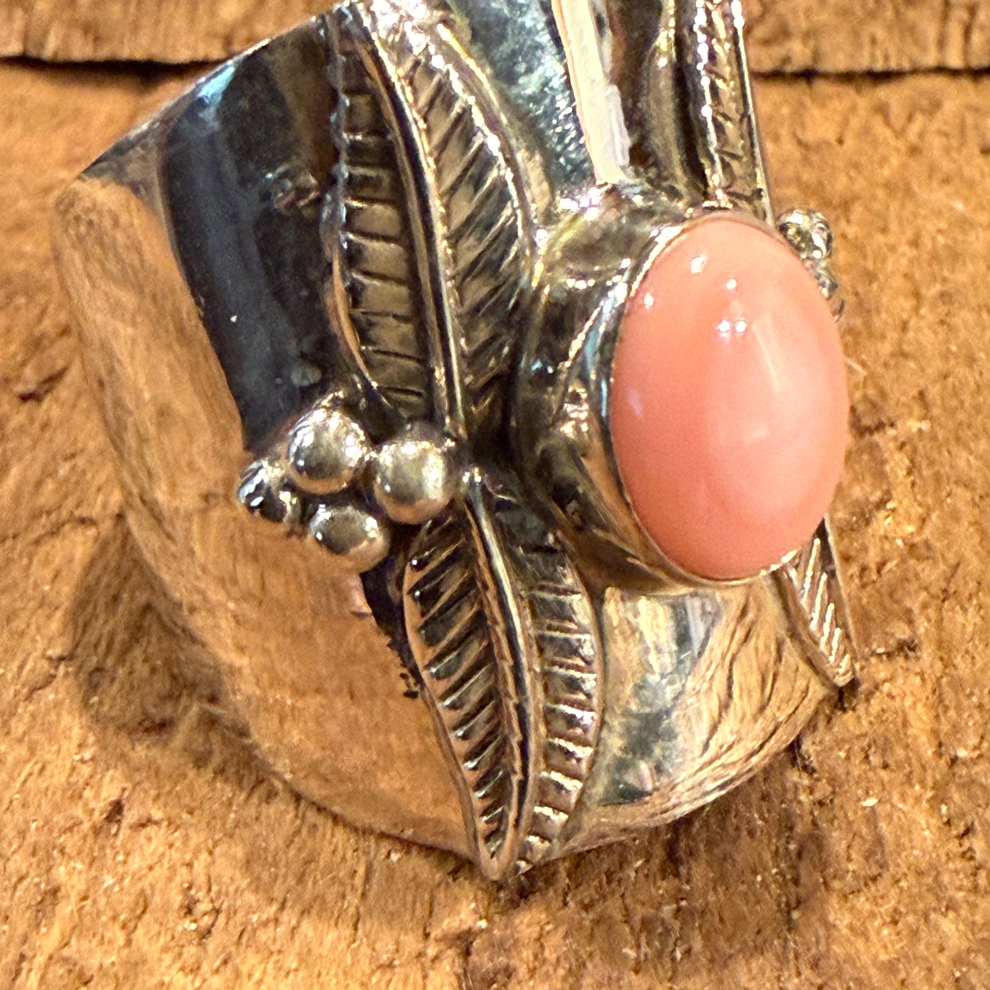Queen Pink Conch Gemstone Wide Band Ring Size 8.5 In Sterling Silver Wild West Boho