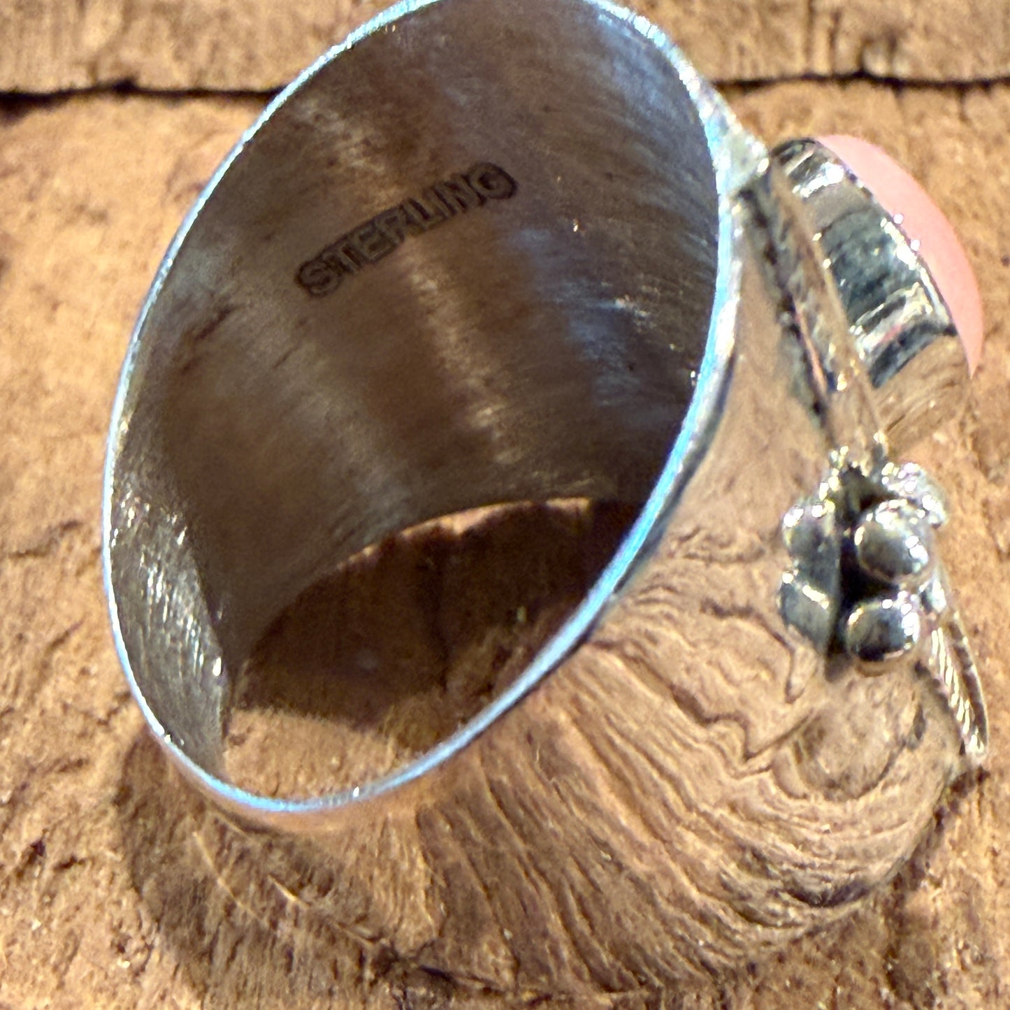 Queen Pink Conch Gemstone Wide Band Ring Size 8.5 In Sterling Silver Wild West Boho
