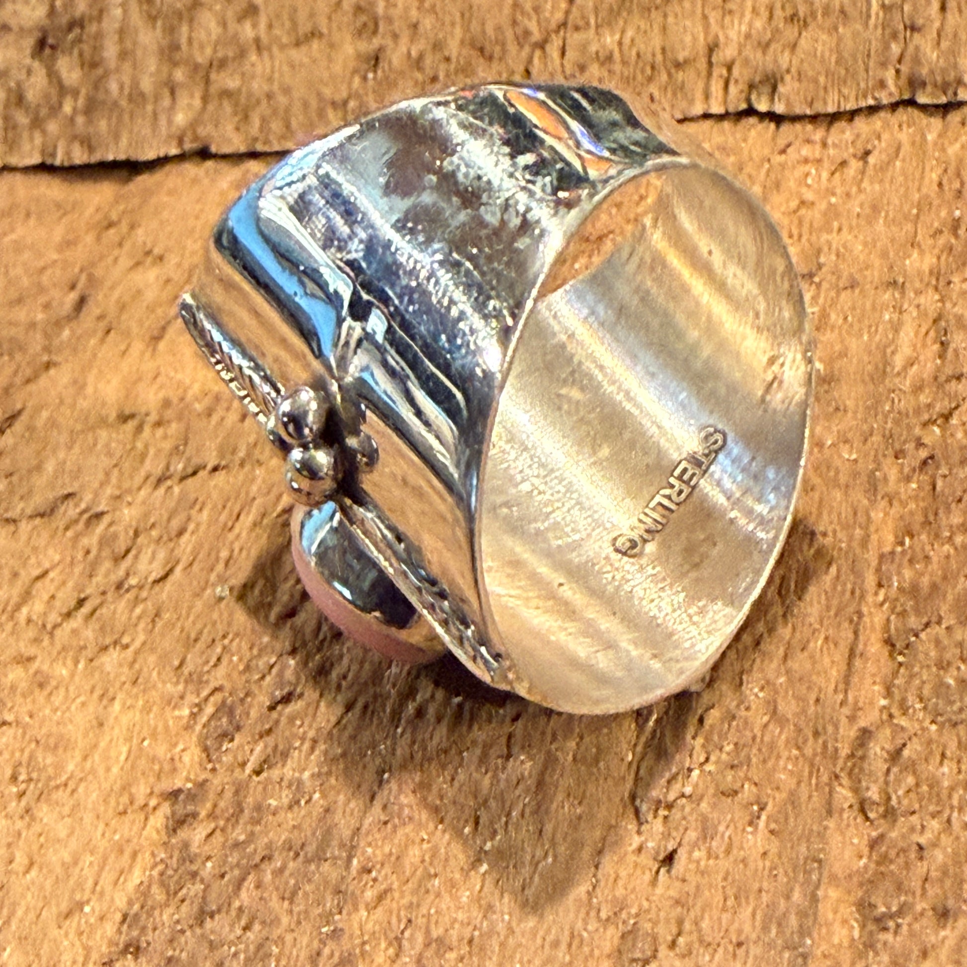 Queen Pink Conch Gemstone Wide Band Ring Size 8.5 In Sterling Silver Wild West Boho