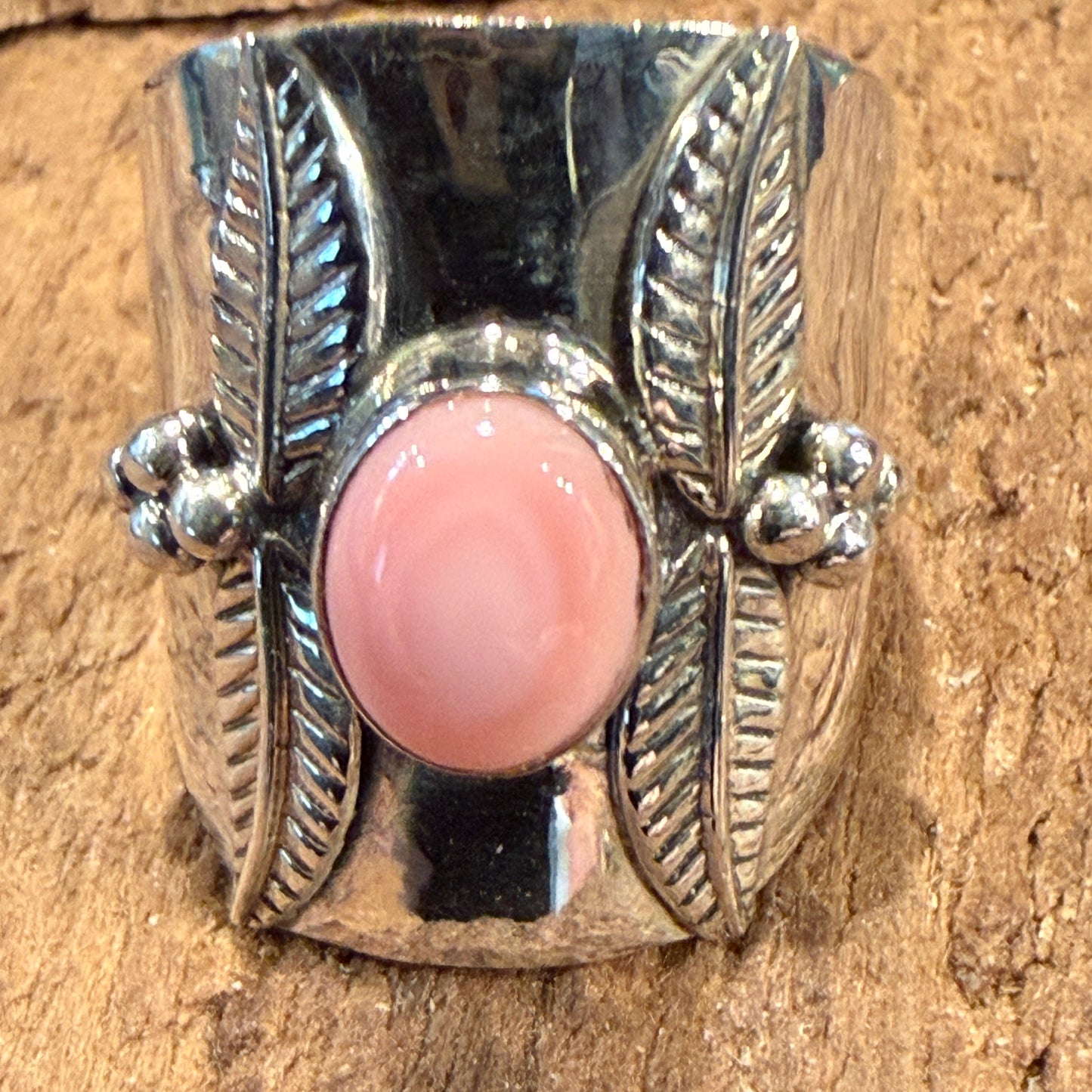 Queen Pink Conch Gemstone Wide Band Ring Size 8.5 In Sterling Silver Wild West Boho