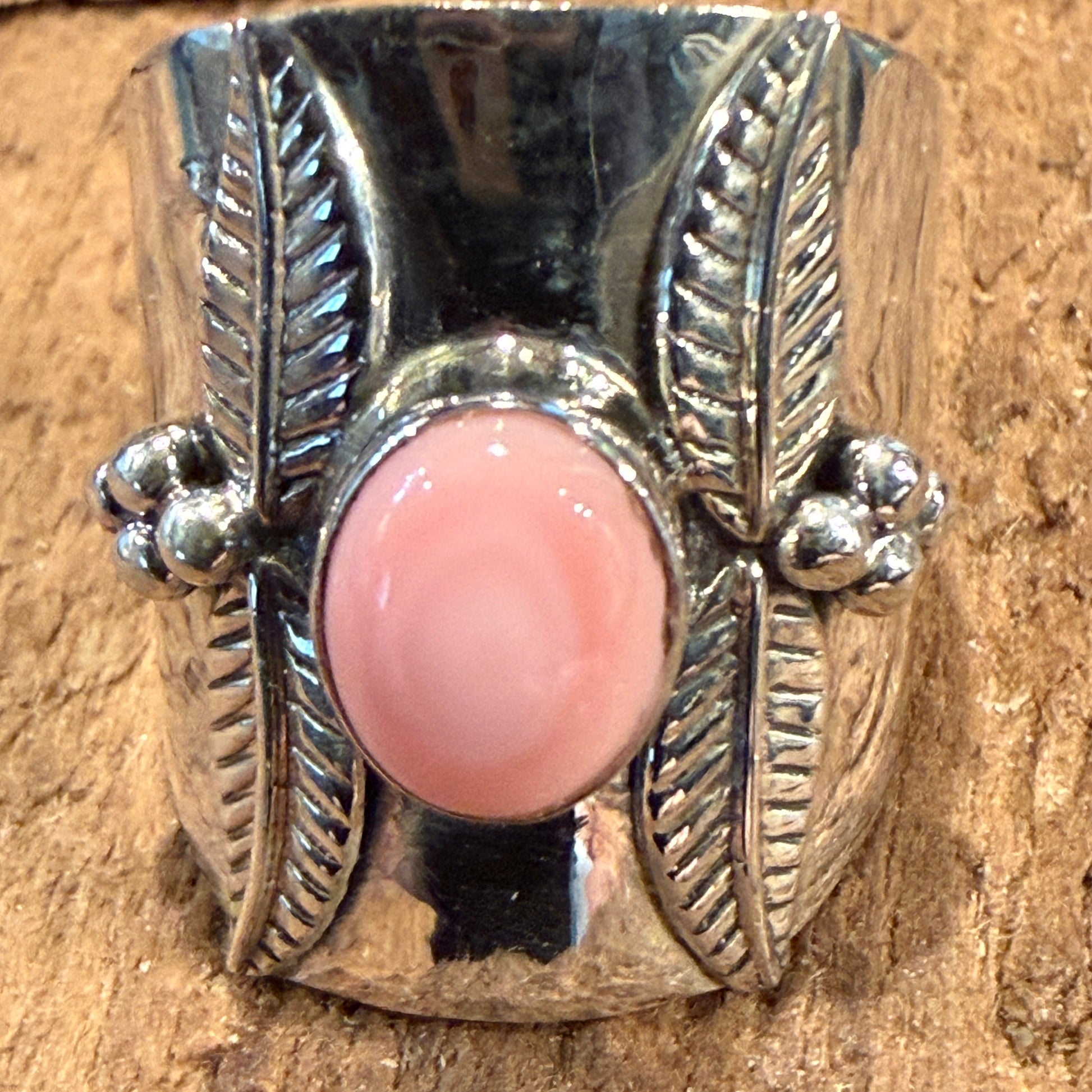 Queen Pink Conch Gemstone Wide Band Ring Size 8.5 In Sterling Silver Wild West Boho