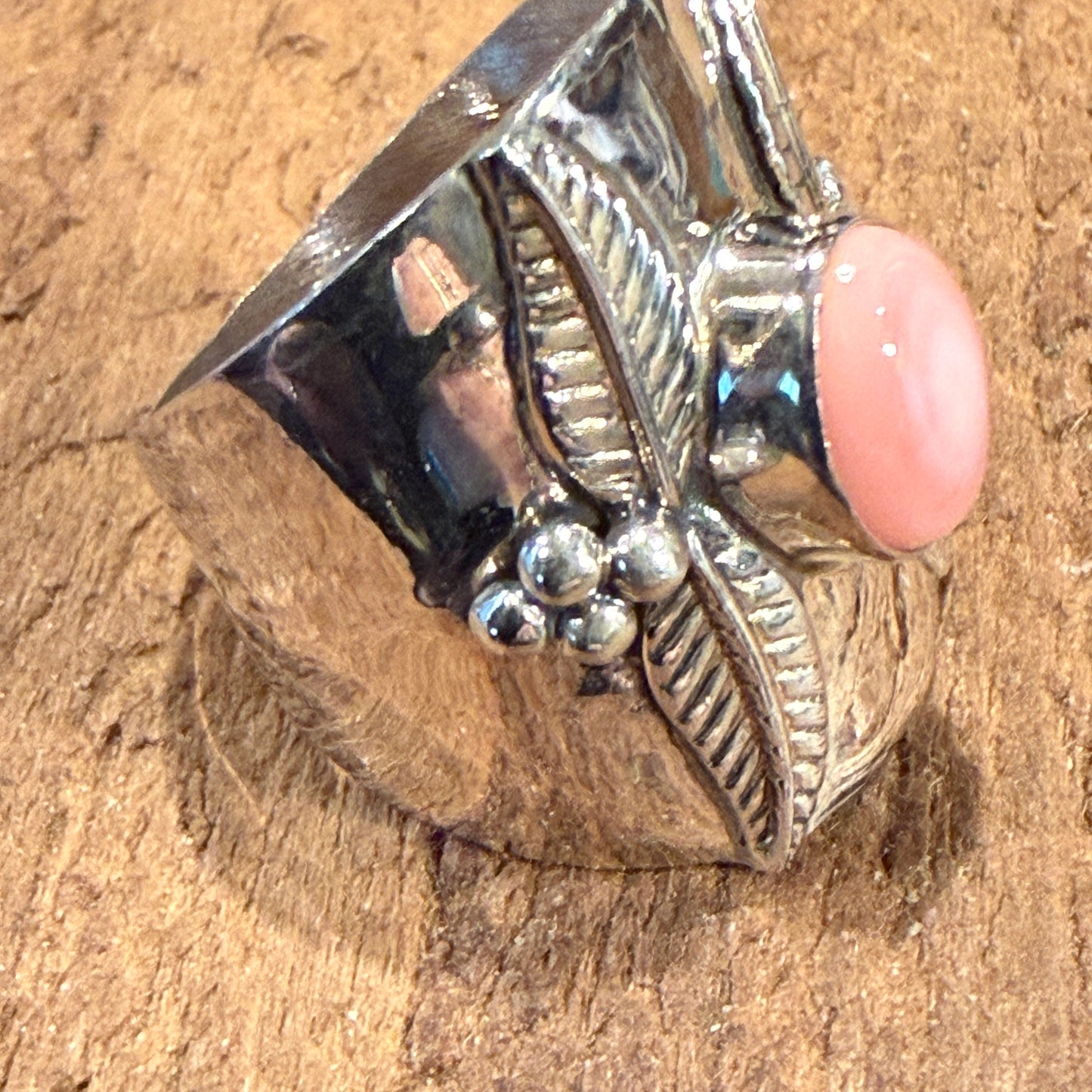 Queen Pink Conch Gemstone Wide Band Ring Size 8.5 In Sterling Silver Wild West Boho