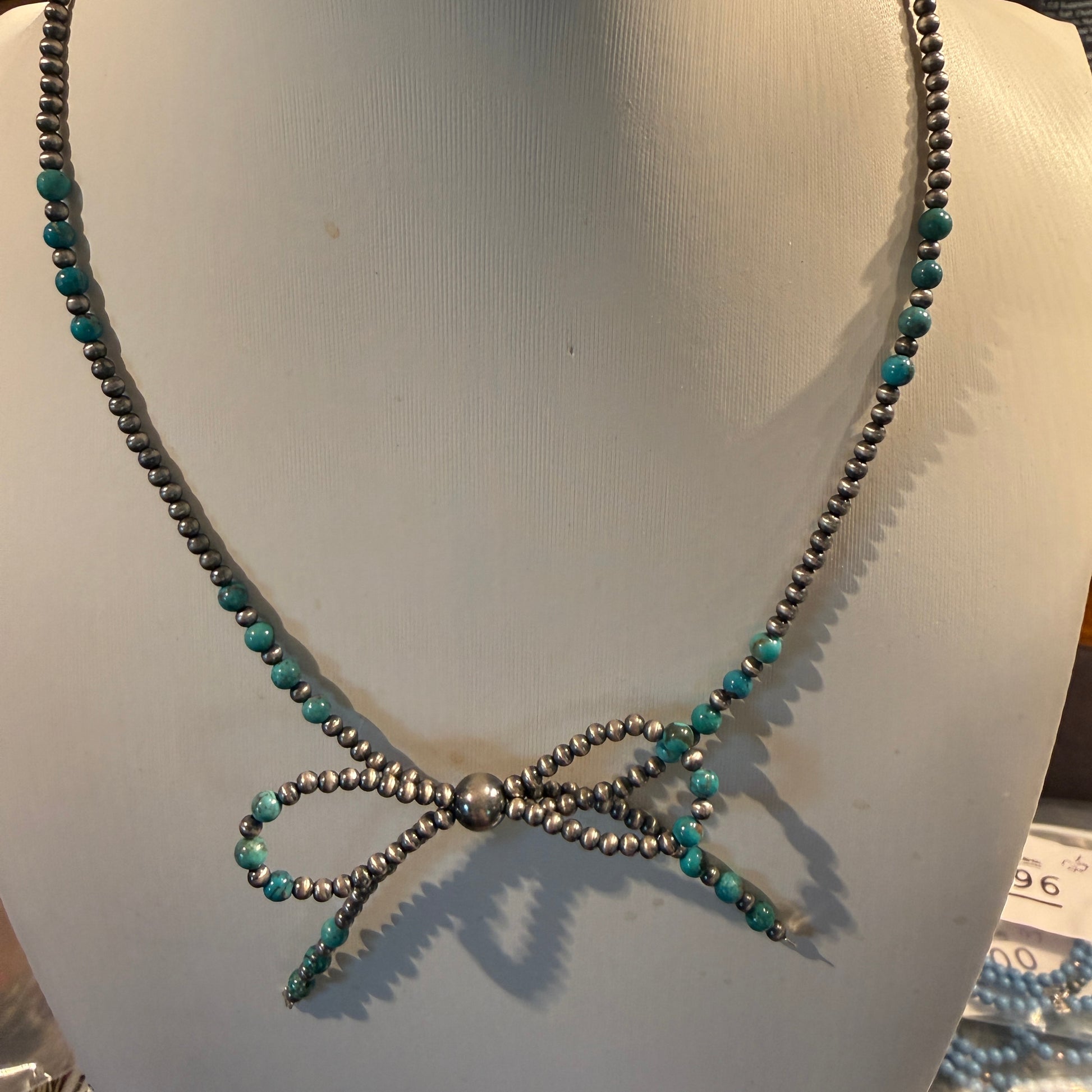 Kingman Turquoise and Sterling Silver 2mm Desert Pearls Bow Necklace, 18 Inch Wild West Boho