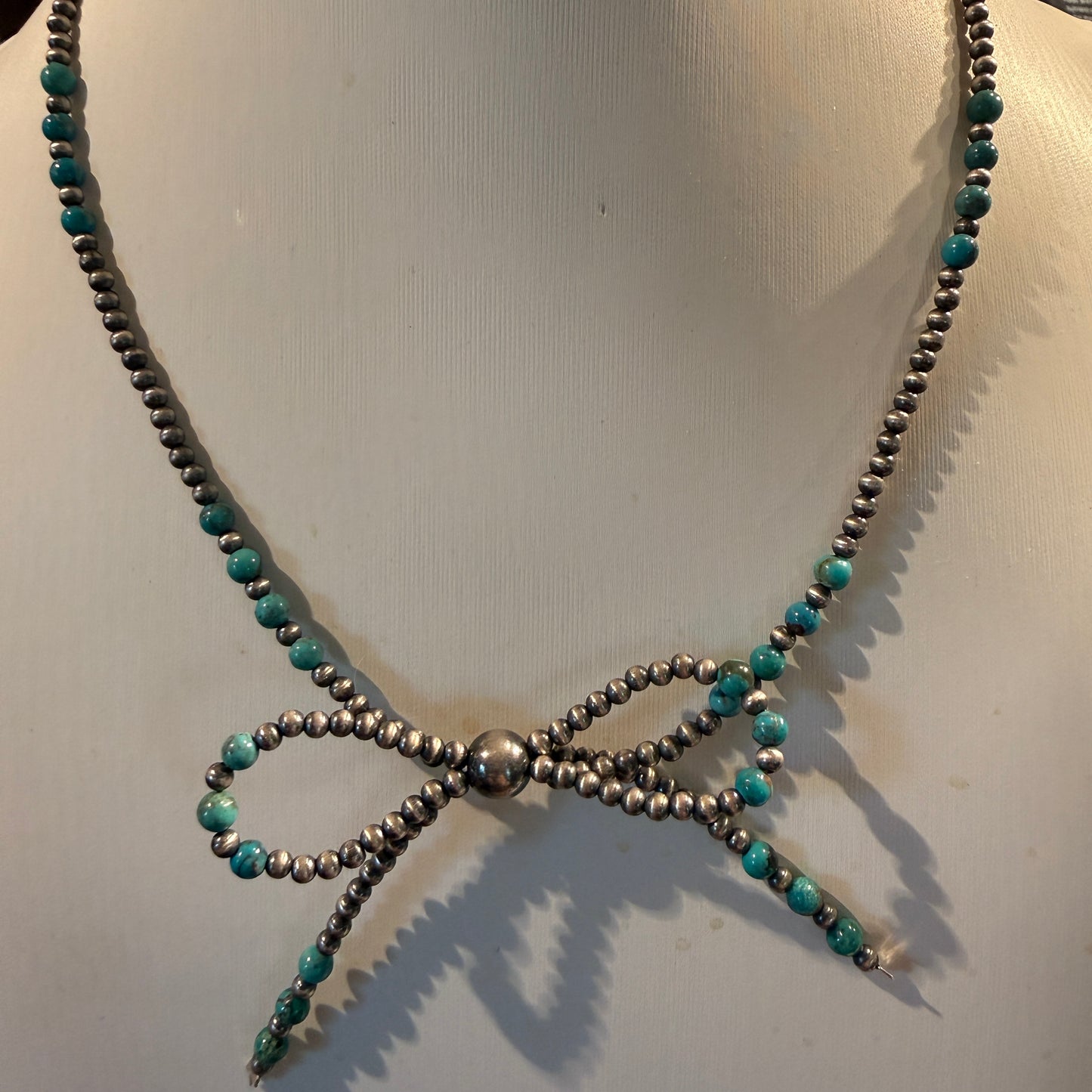 Kingman Turquoise and Sterling Silver 2mm Desert Pearls Bow Necklace, 18 Inch Wild West Boho