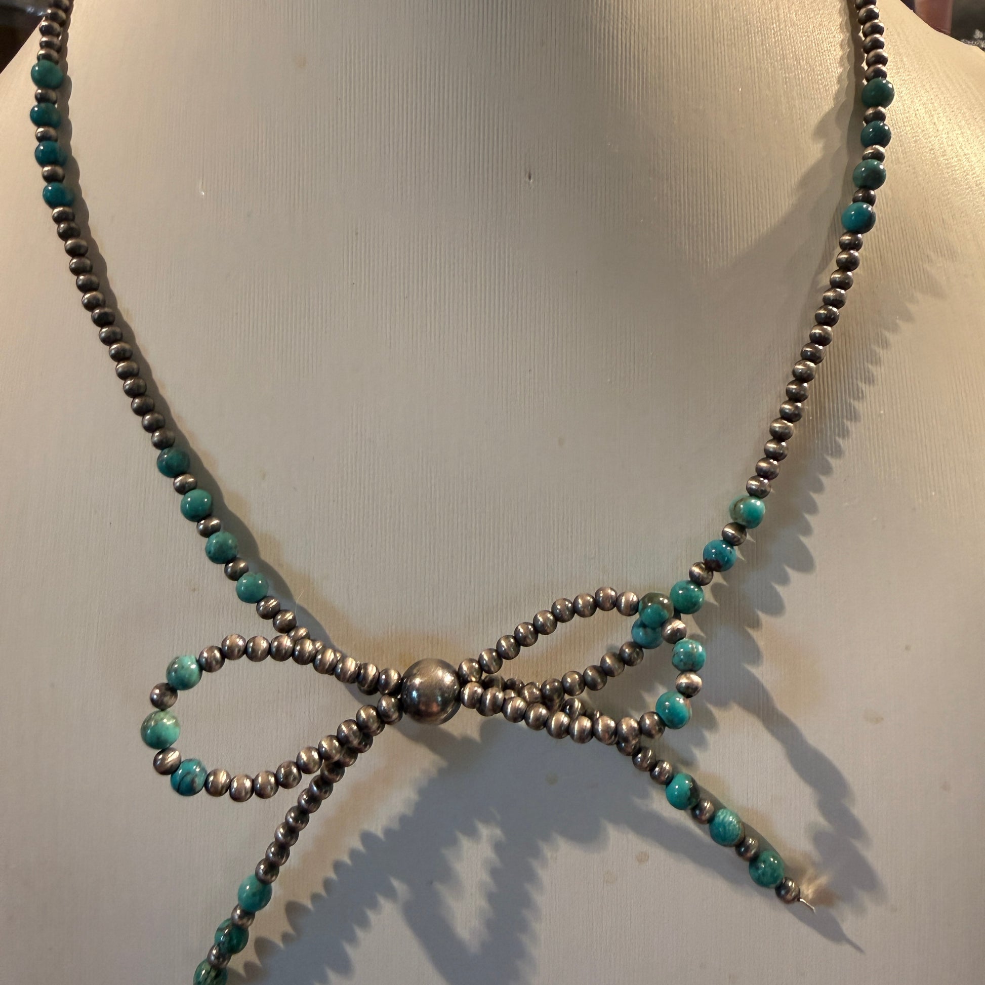 Kingman Turquoise and Sterling Silver 2mm Desert Pearls Bow Necklace, 18 Inch Wild West Boho